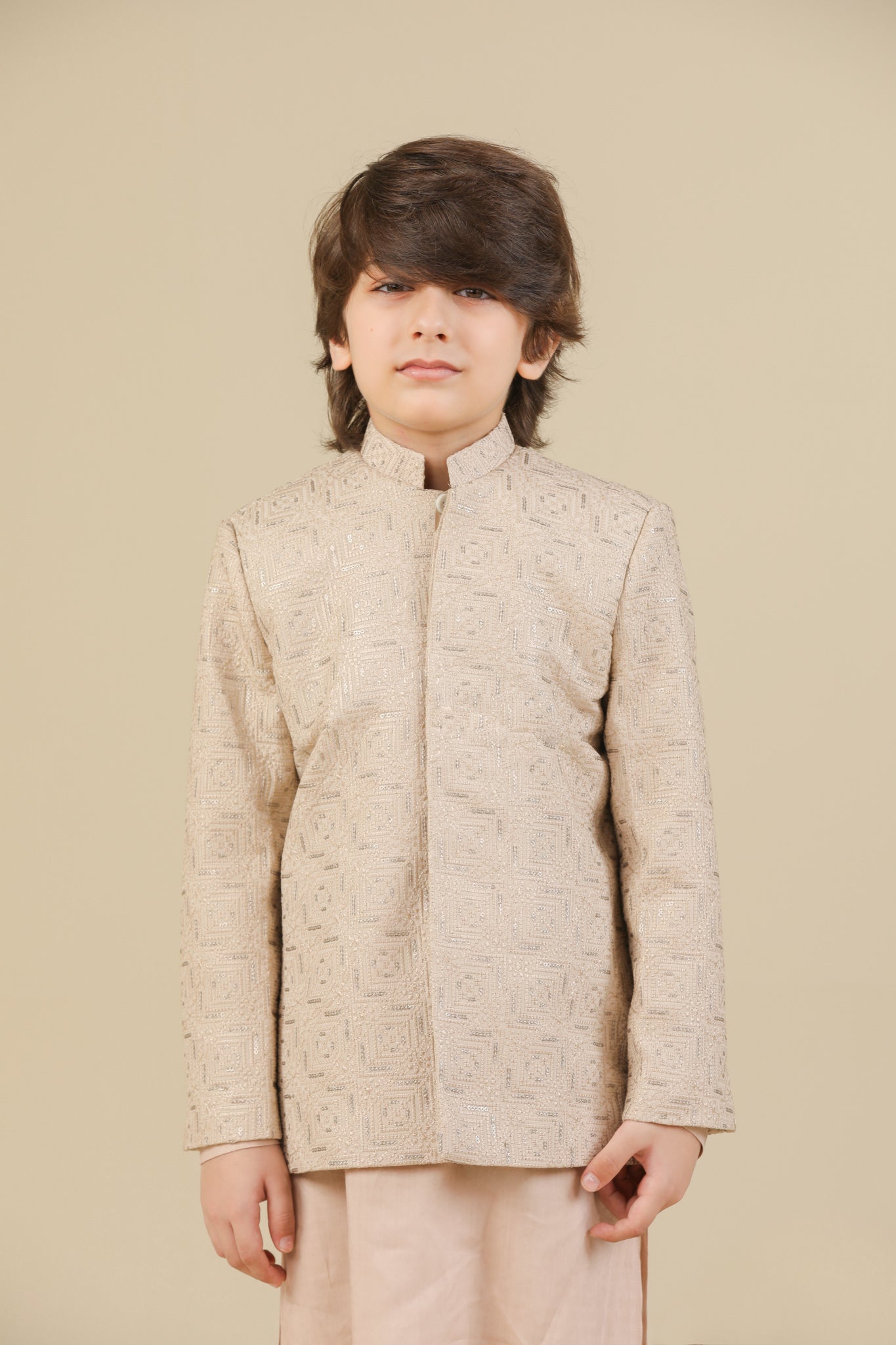 Coffee Beige Square Embroidered Prince Coat - Kids - Men