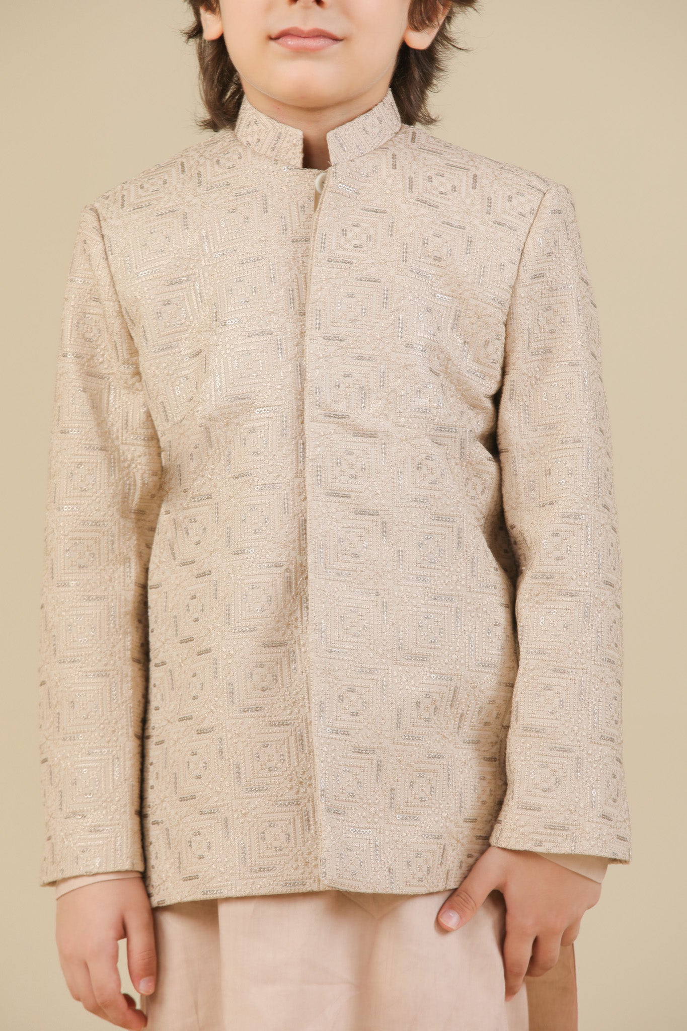 Coffee Beige Square Embroidered Prince Coat - Kids - Men