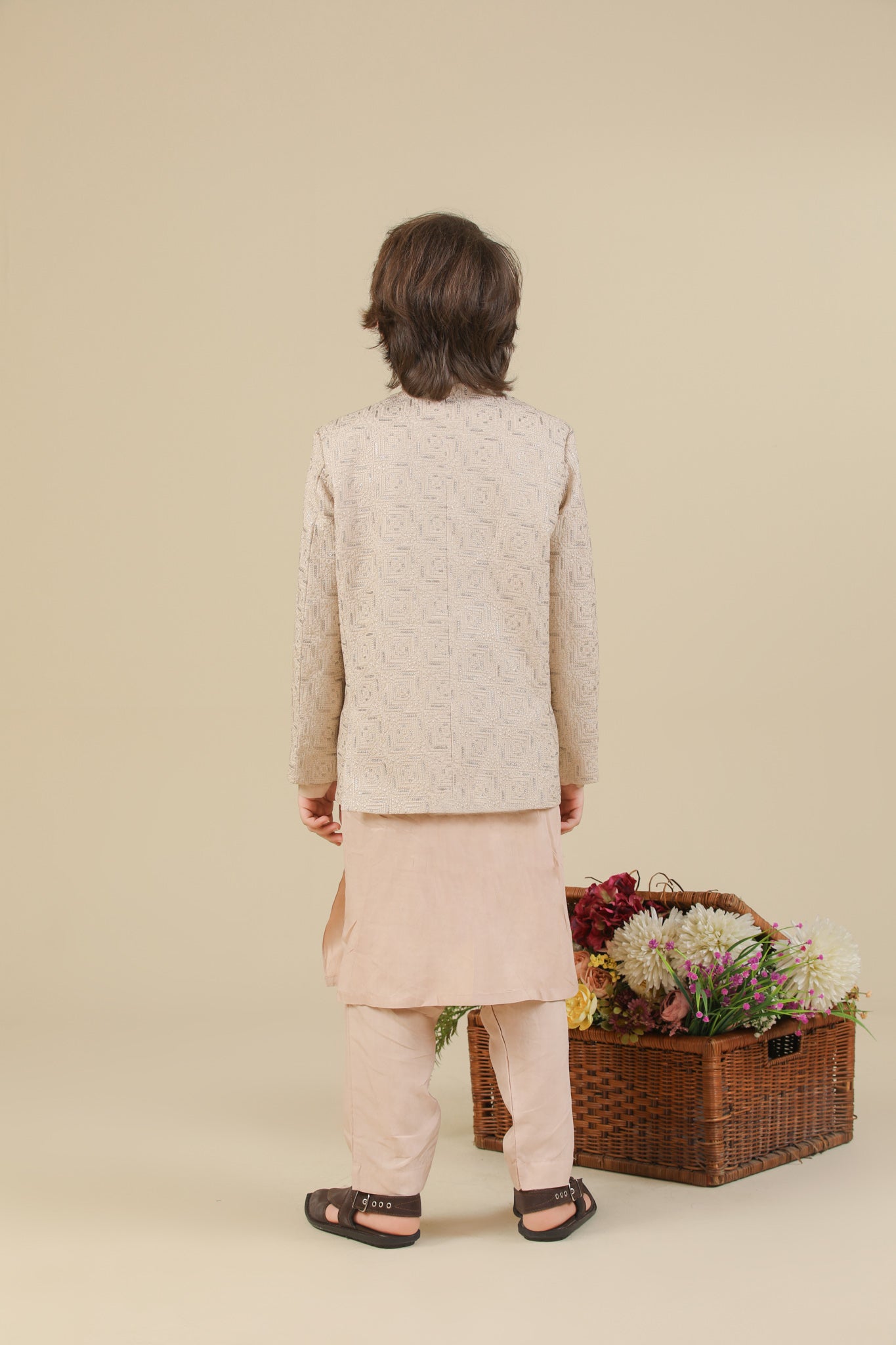 Coffee Beige Square Embroidered Prince Coat - Kids - Men