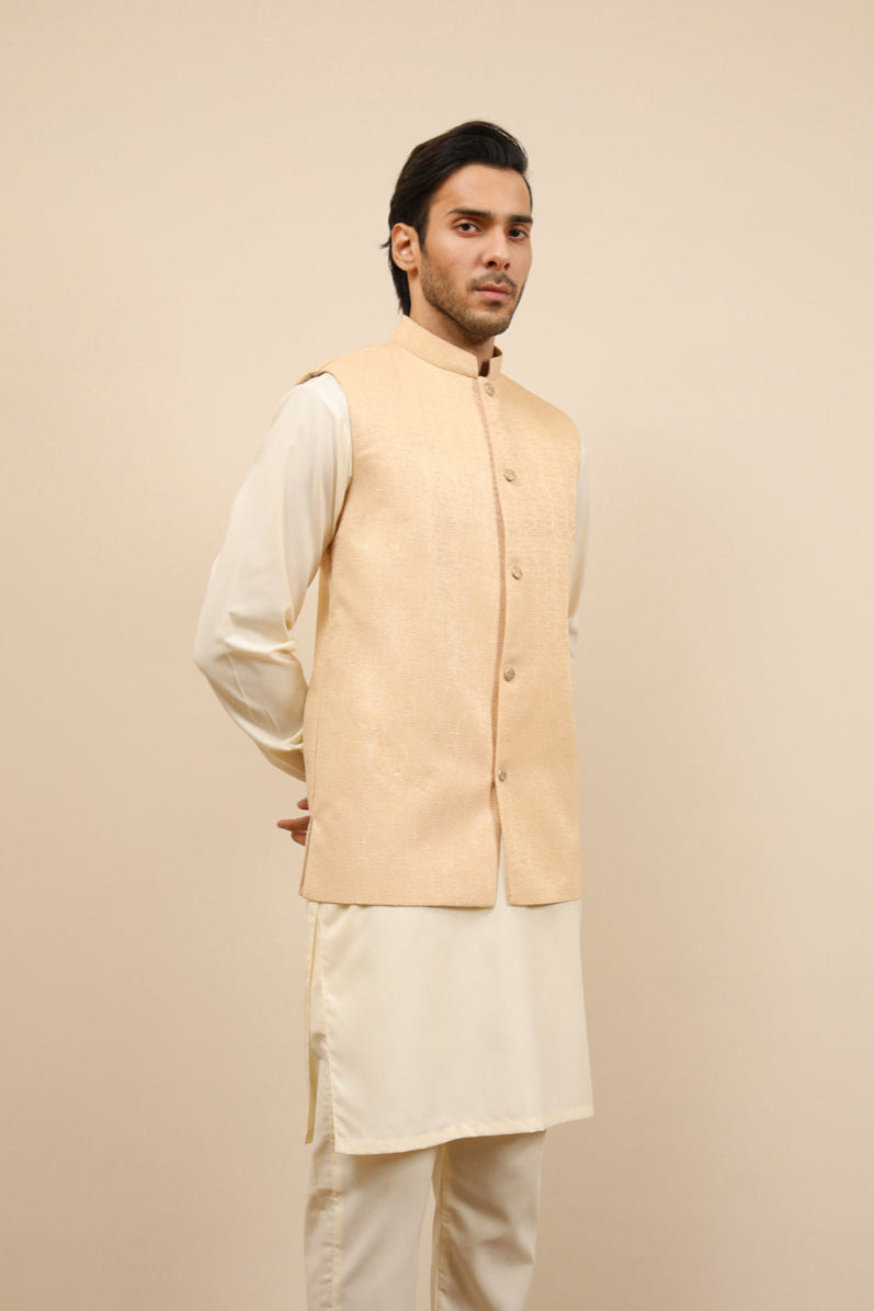 Ivory Jamawar Textured Waistcoat - Men