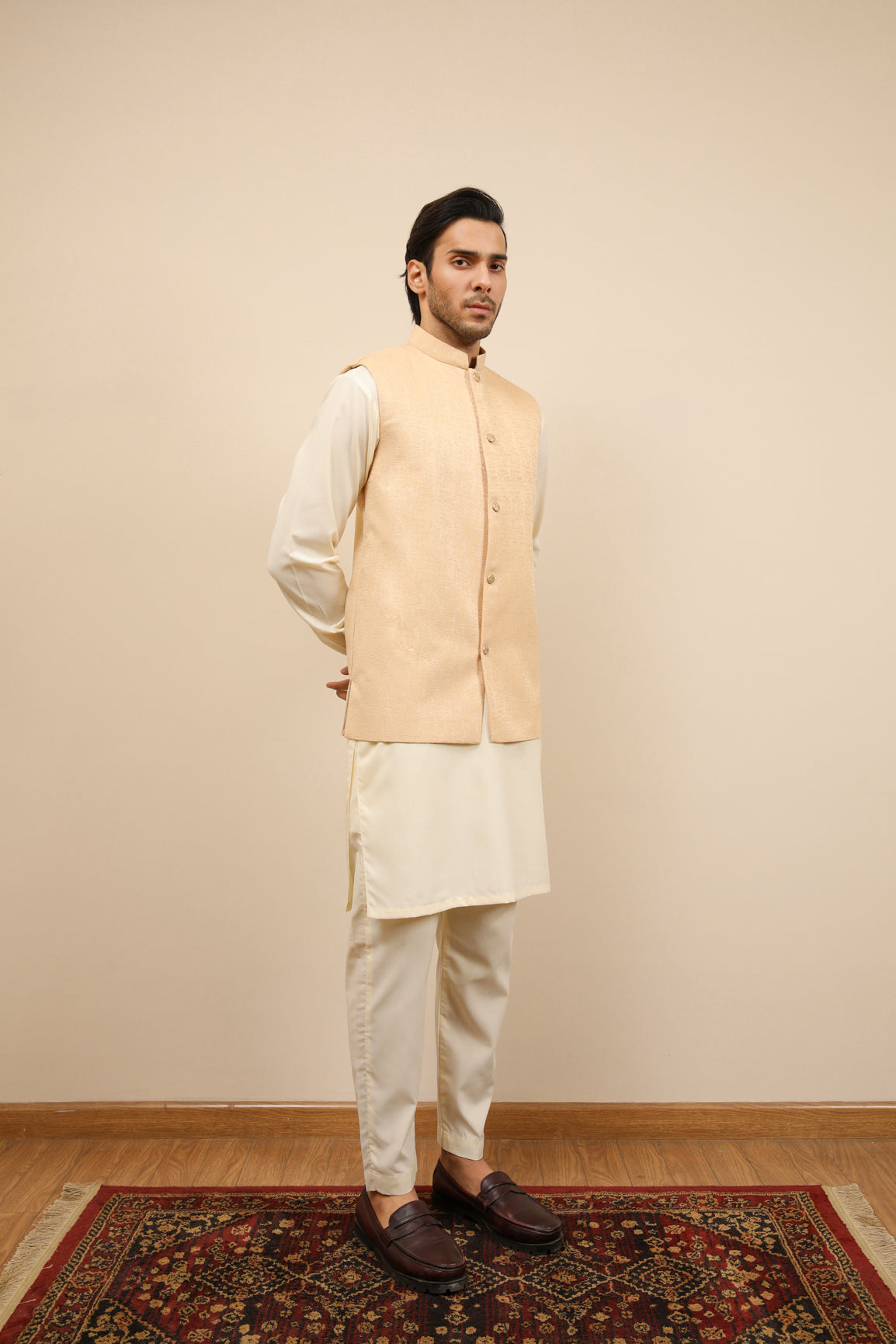 Bosky White Kurta Trouser with Ivory Jamawar Waistcoat - 3PC - Men