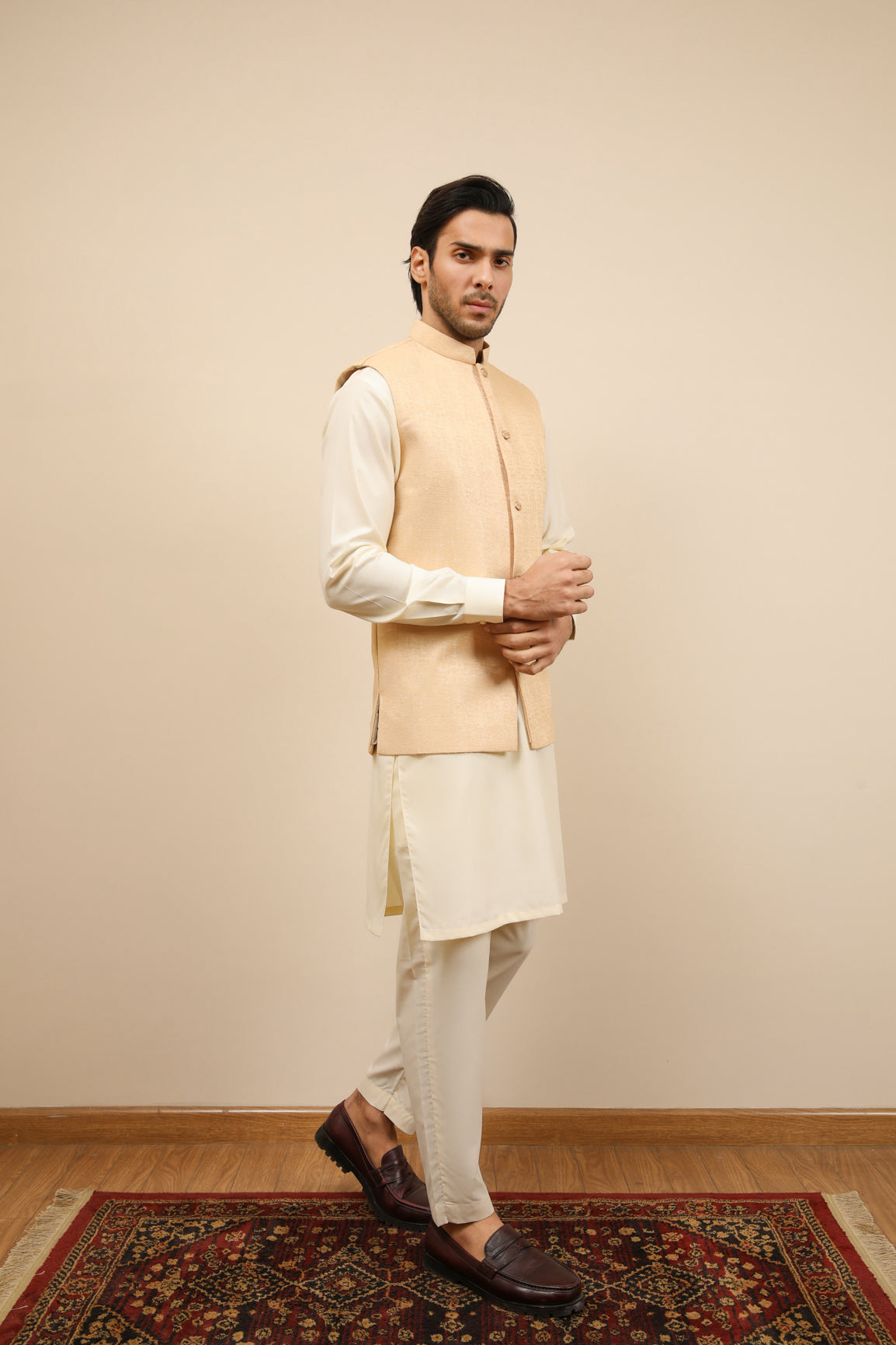 Bosky White Kurta Trouser with Ivory Jamawar Waistcoat - 3PC - Men