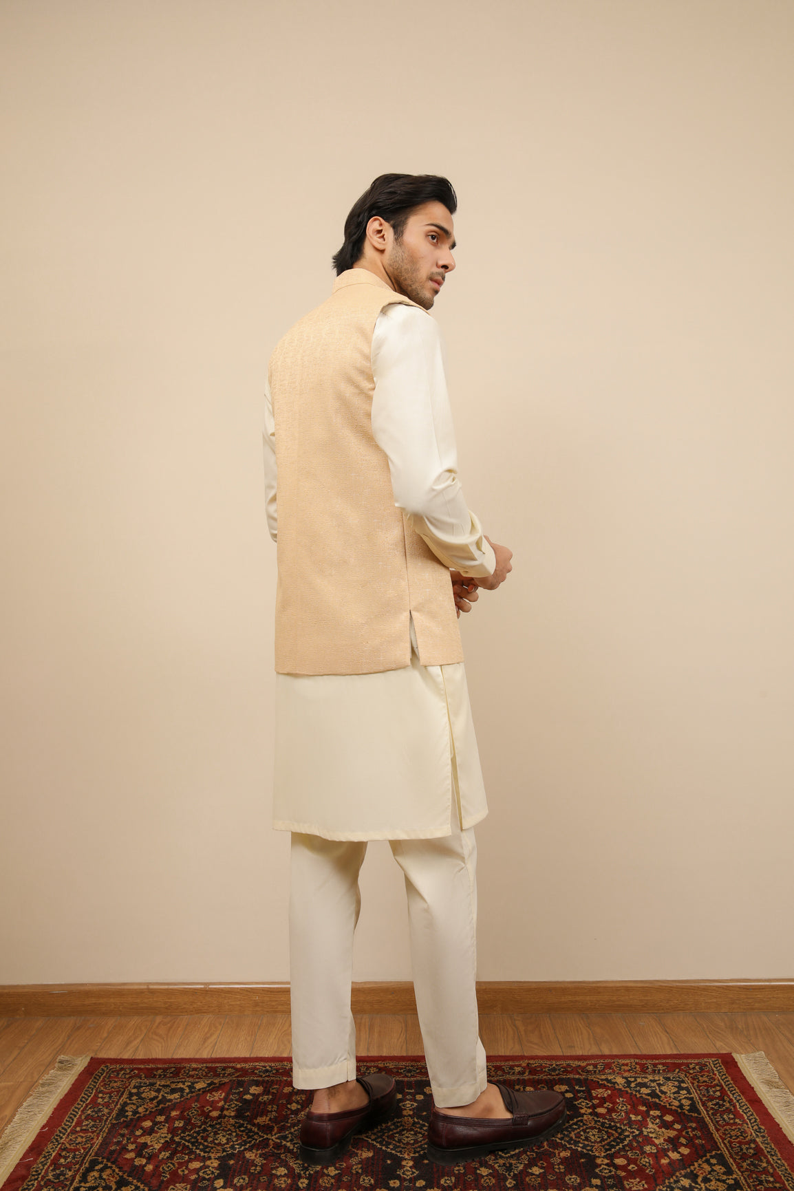 Bosky White Kurta Trouser with Ivory Jamawar Waistcoat - 3PC - Men