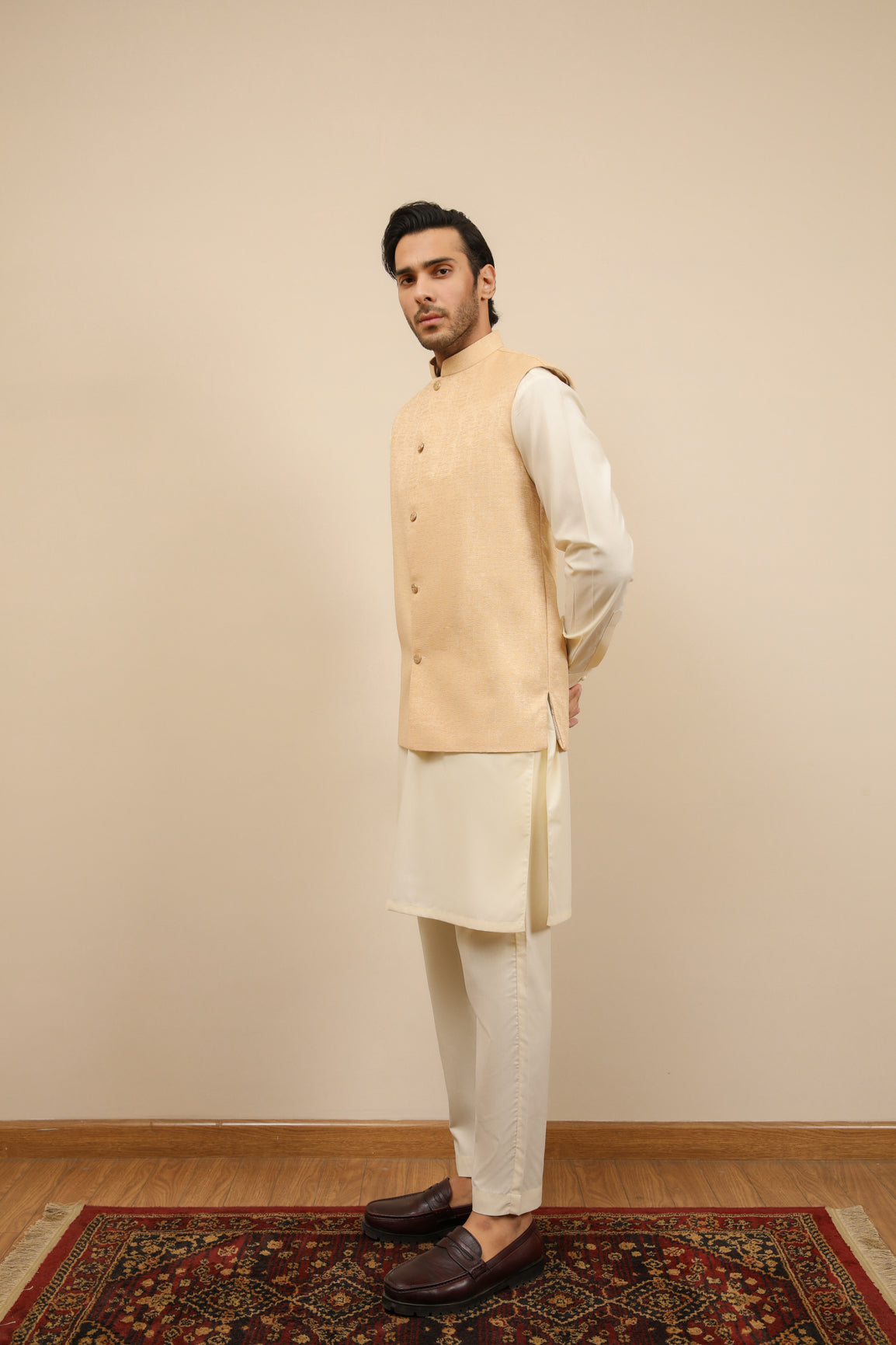 Bosky White Kurta Trouser with Ivory Jamawar Waistcoat - 3PC - Men