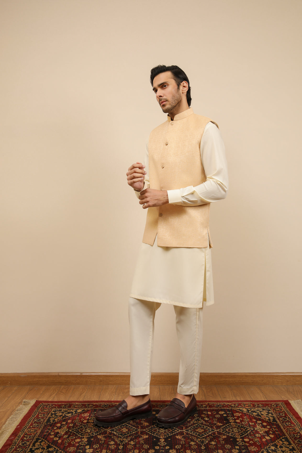 Bosky White Kurta Trouser with Ivory Jamawar Waistcoat - 3PC - Men