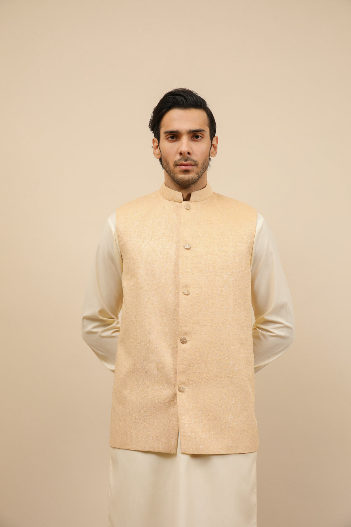 Ivory Jamawar Textured Waistcoat - Men