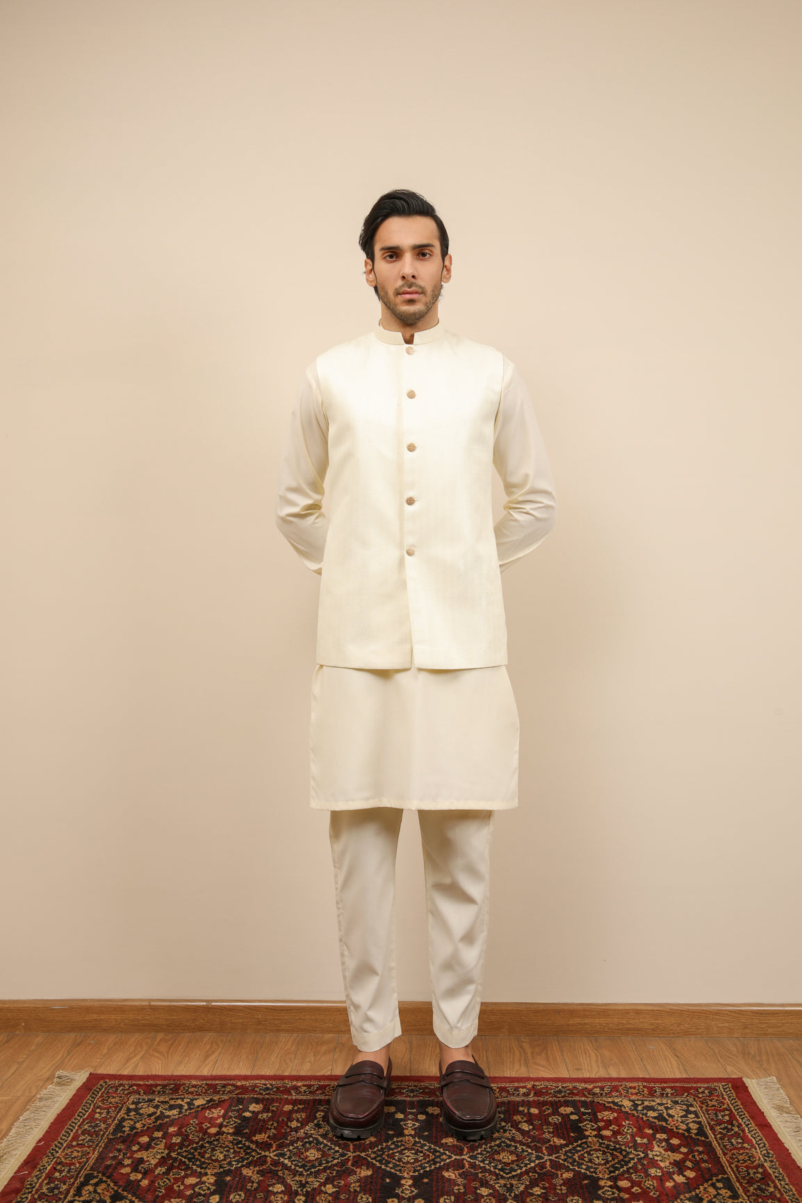 Bosky White Kurta Trouser with Off White Jamawar Waistcoat - 3PC - Men