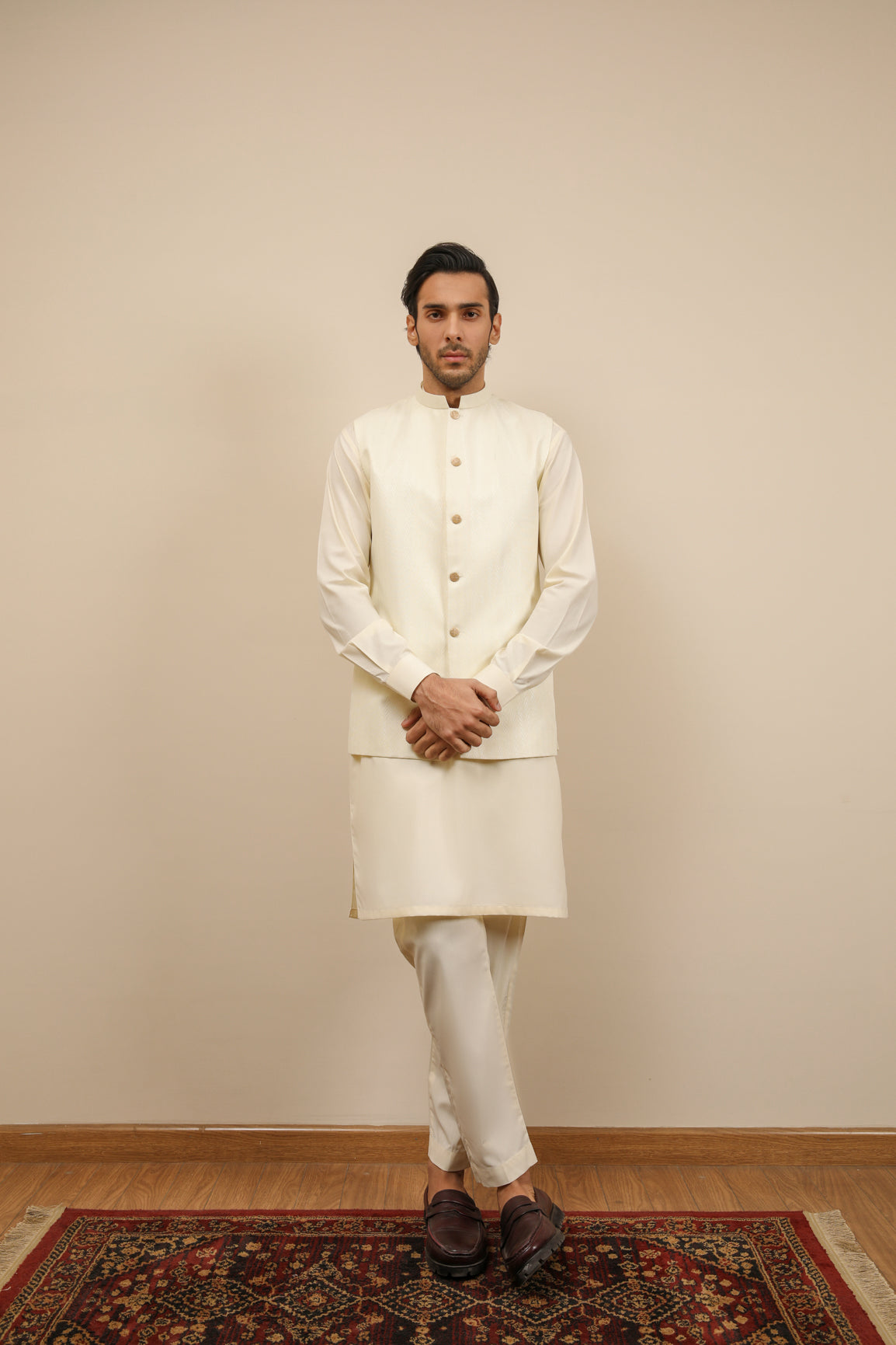 Bosky White Kurta Trouser with Off White Jamawar Waistcoat - 3PC - Men