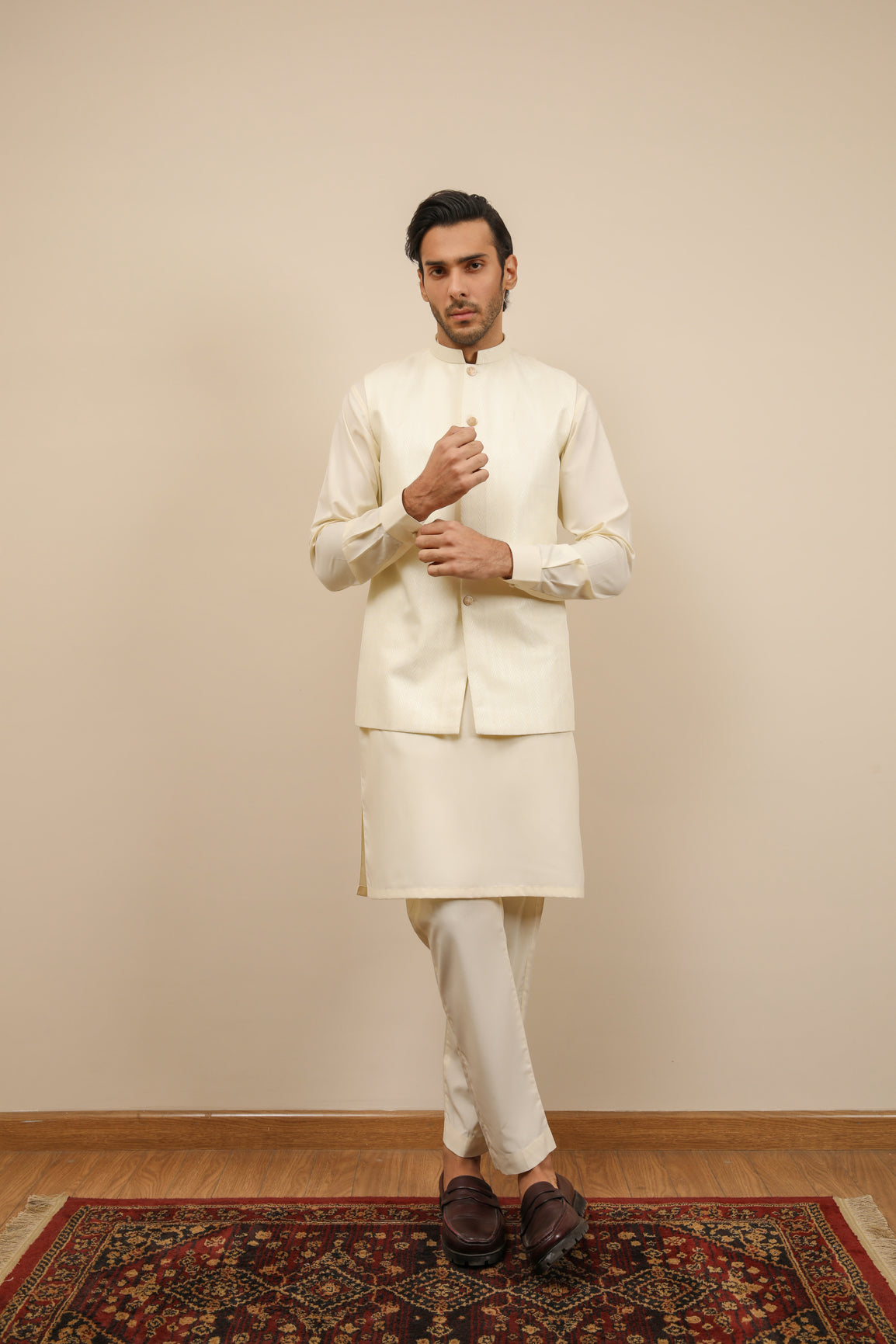 Bosky White Kurta Trouser with Off White Jamawar Waistcoat - 3PC - Men