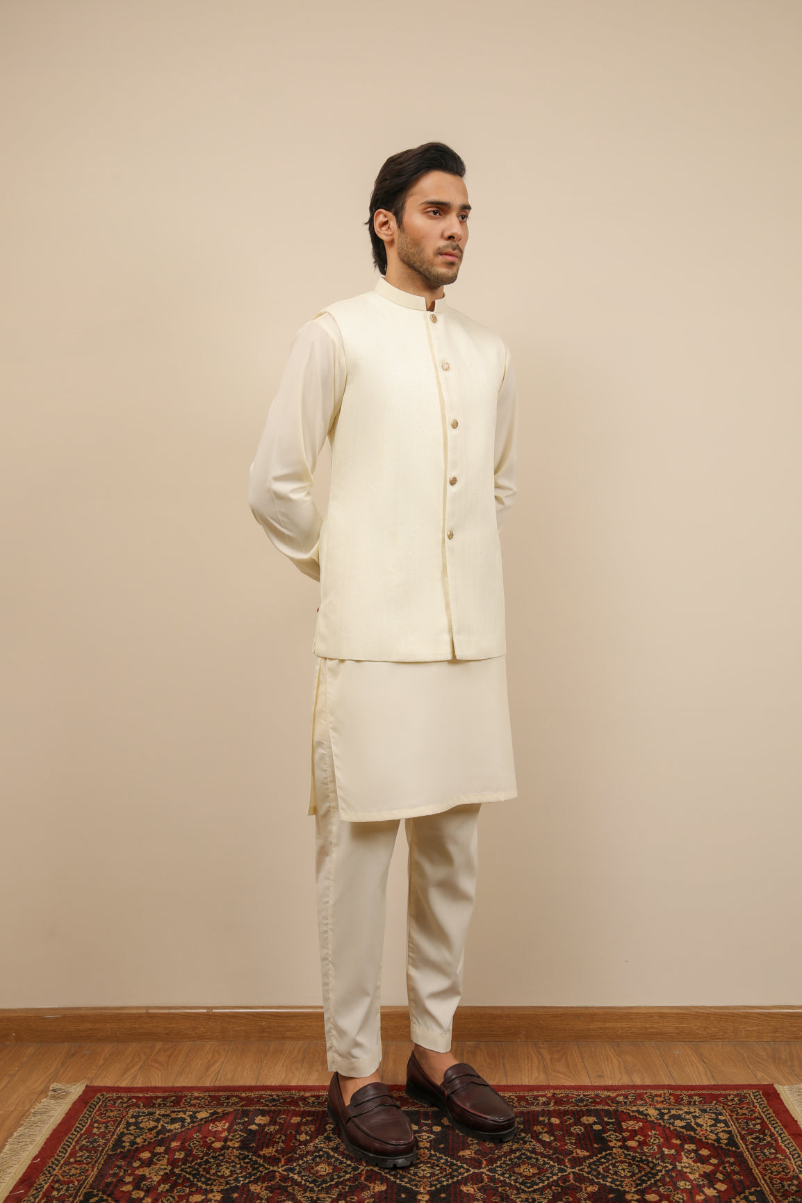 Bosky White Kurta Trouser with Off White Jamawar Waistcoat - 3PC - Men