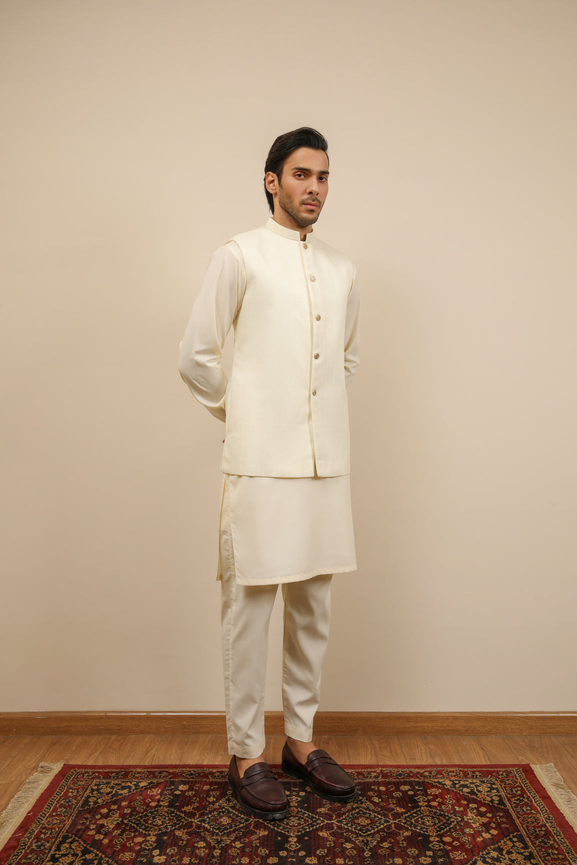 Bosky White Kurta Trouser with Off White Jamawar Waistcoat - 3PC - Men