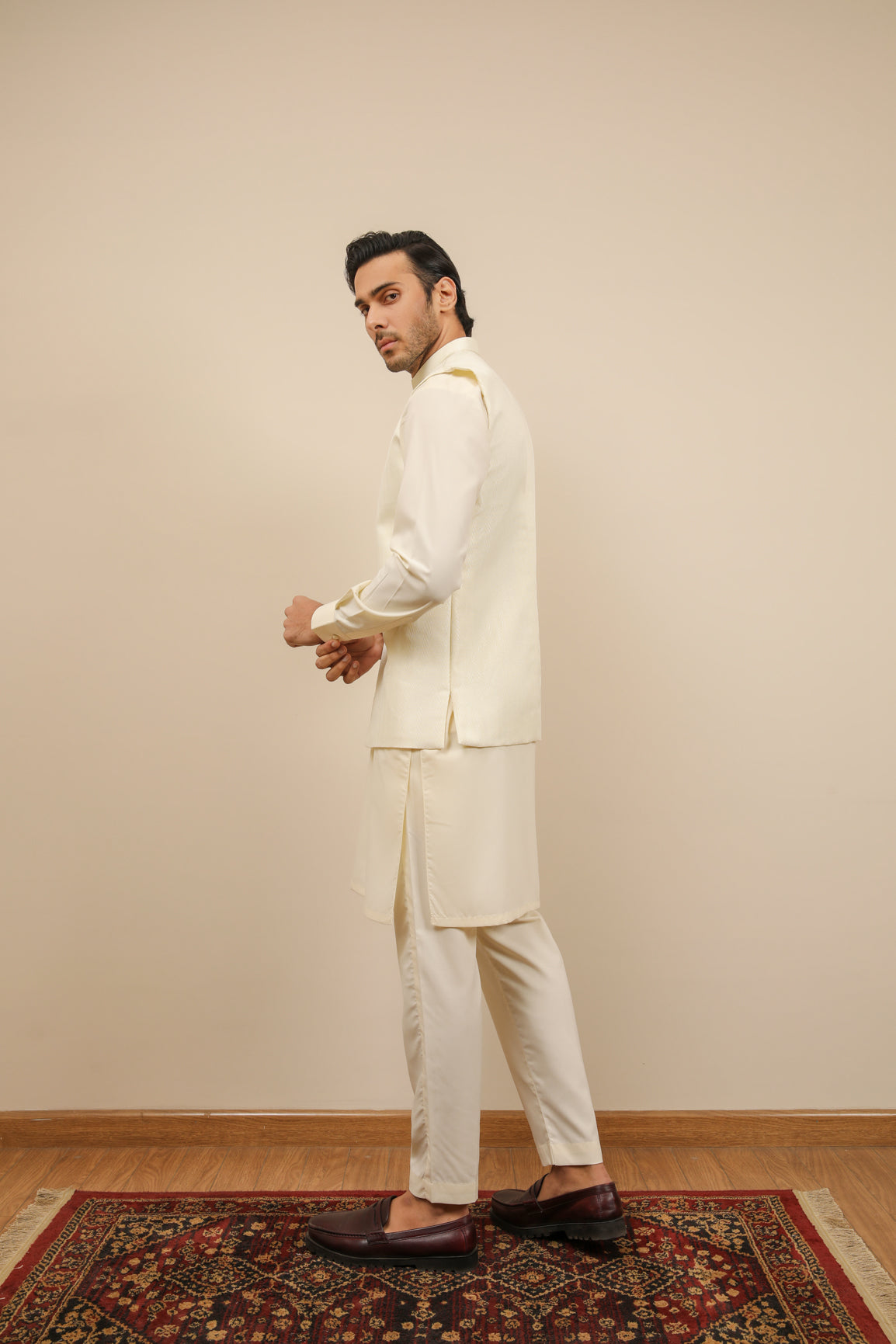 Bosky White Kurta Trouser with Off White Jamawar Waistcoat - 3PC - Men