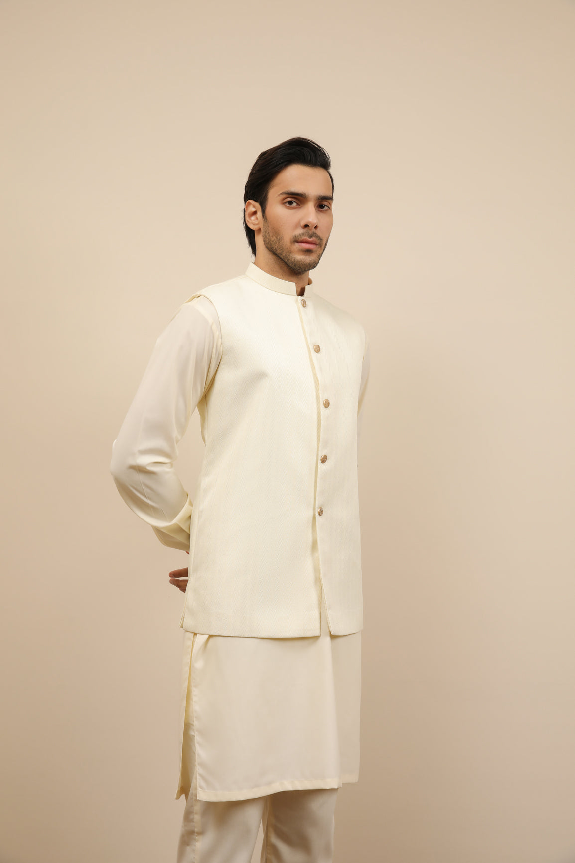 Bosky White Kurta Trouser with Off White Jamawar Waistcoat - 3PC - Men