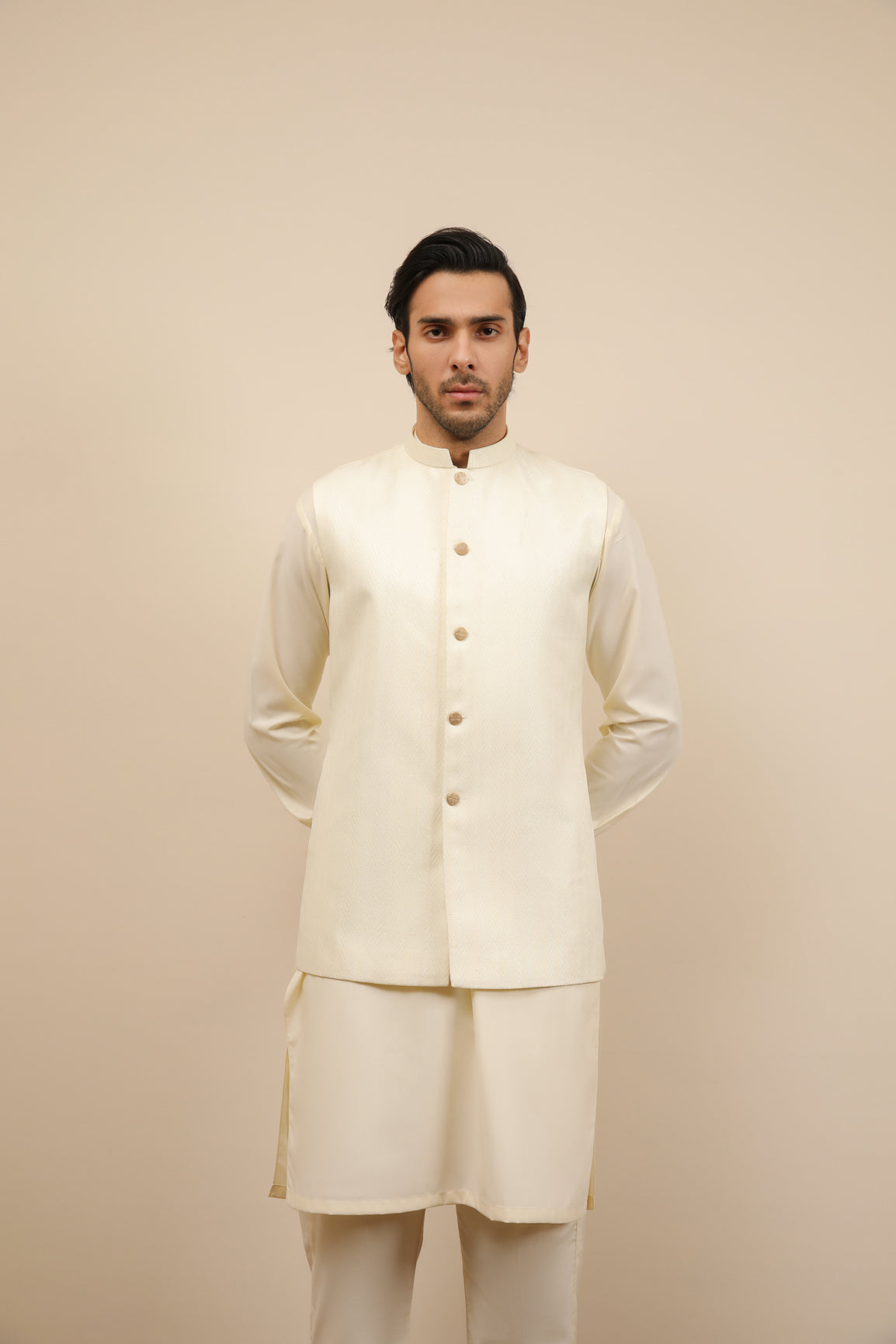 Bosky White Kurta Trouser with Off White Jamawar Waistcoat - 3PC - Men