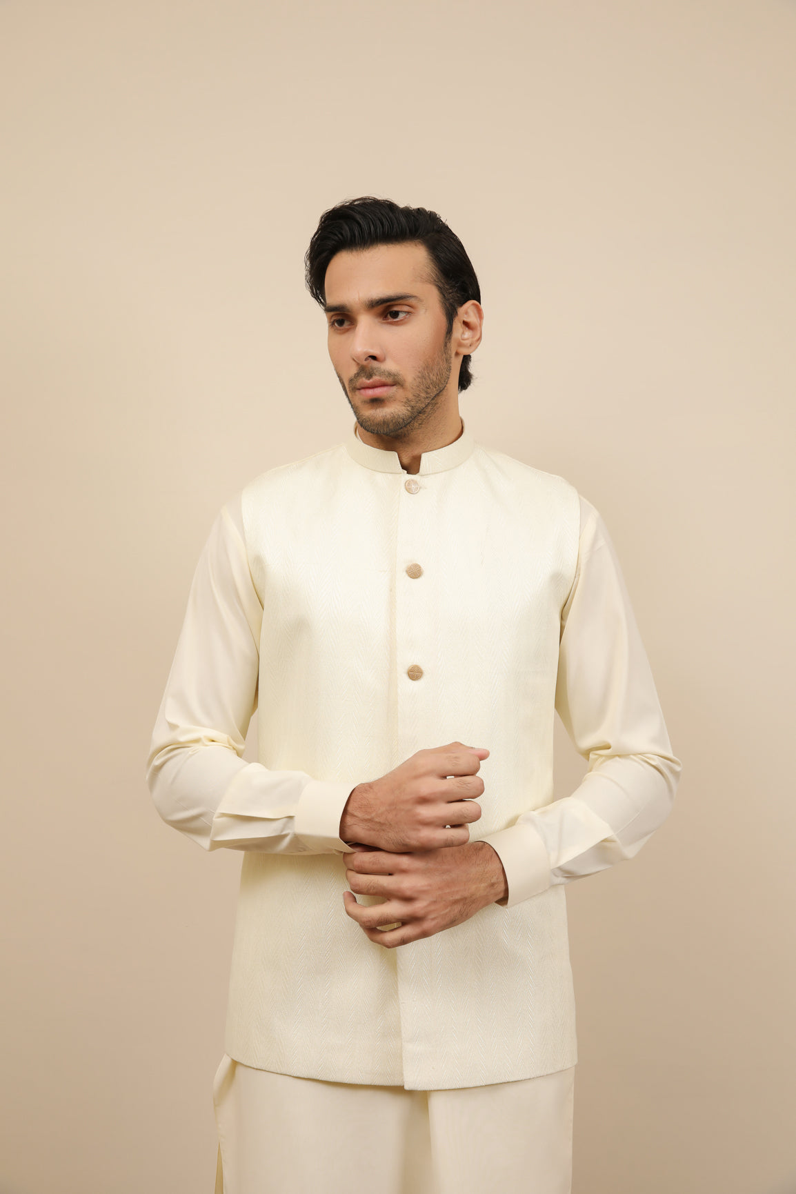 Bosky White Kurta Trouser with Off White Jamawar Waistcoat - 3PC - Men