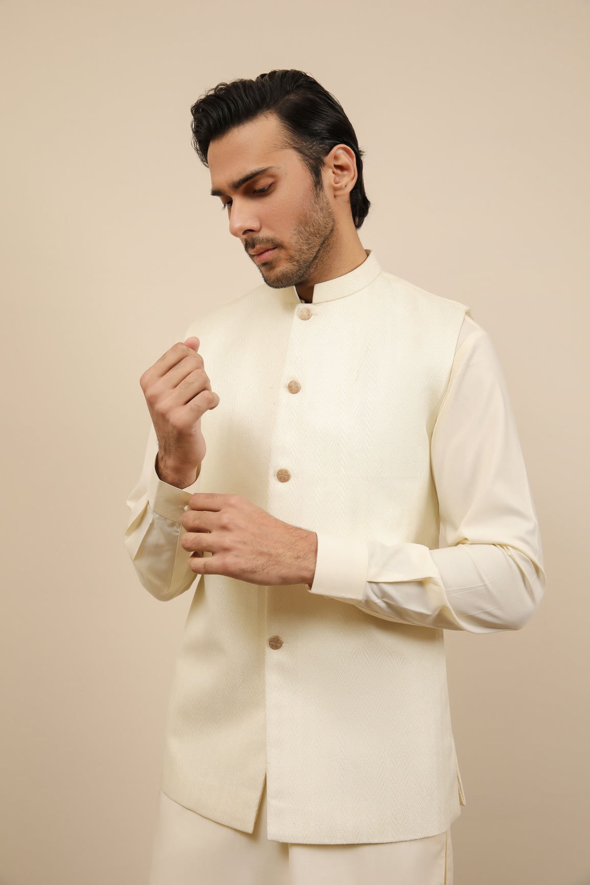 Bosky White Kurta Trouser with Off White Jamawar Waistcoat - 3PC - Men