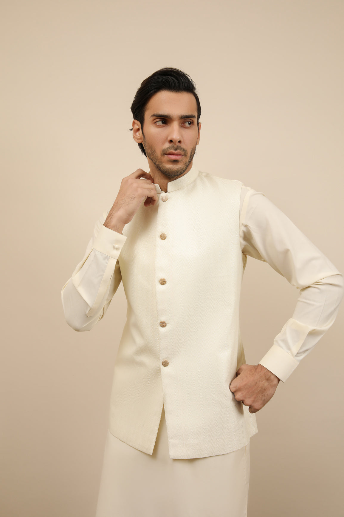 Bosky White Kurta Trouser with Off White Jamawar Waistcoat - 3PC - Men