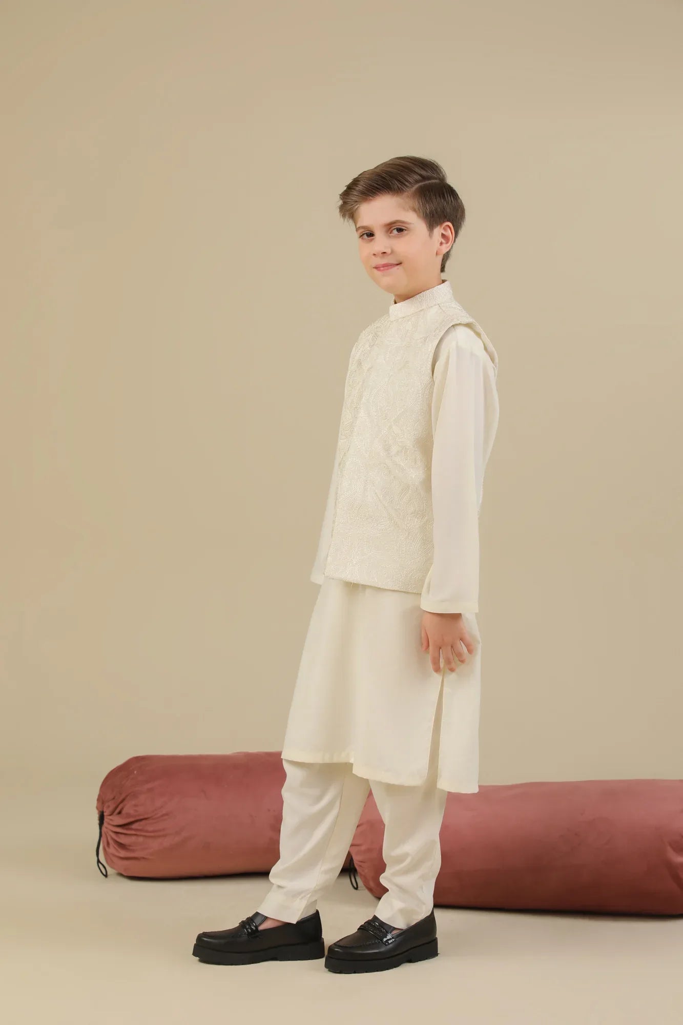 Bosky White Kurta Trouser with Cross Stitched Embroidered Waistcoat - 3PC - Kids - Muraqsh -- Kidswear