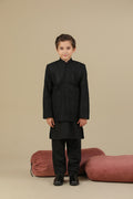 Black Kurta Trouser with Cross Stitched Embroidered Prince Coat - 3PC - Kids