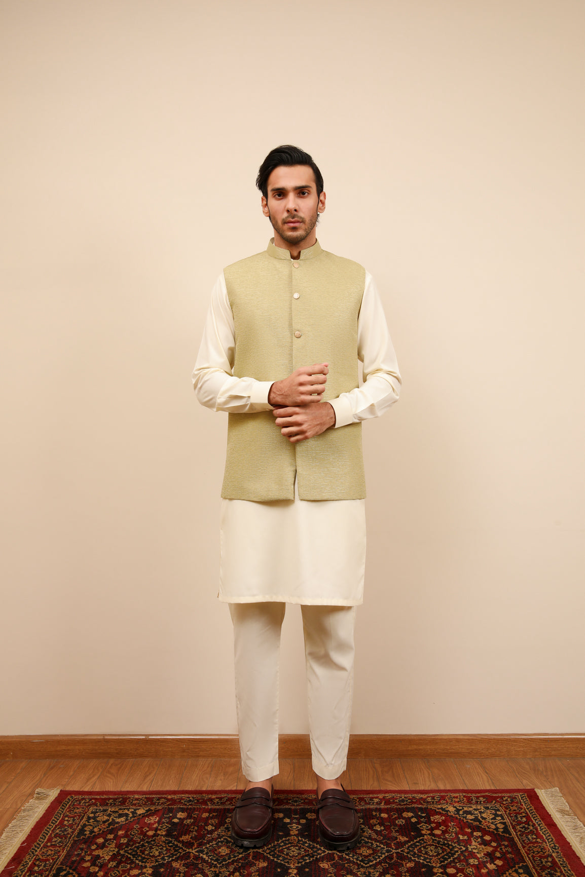 Mint Jamawar Textured Waistcoat - Men