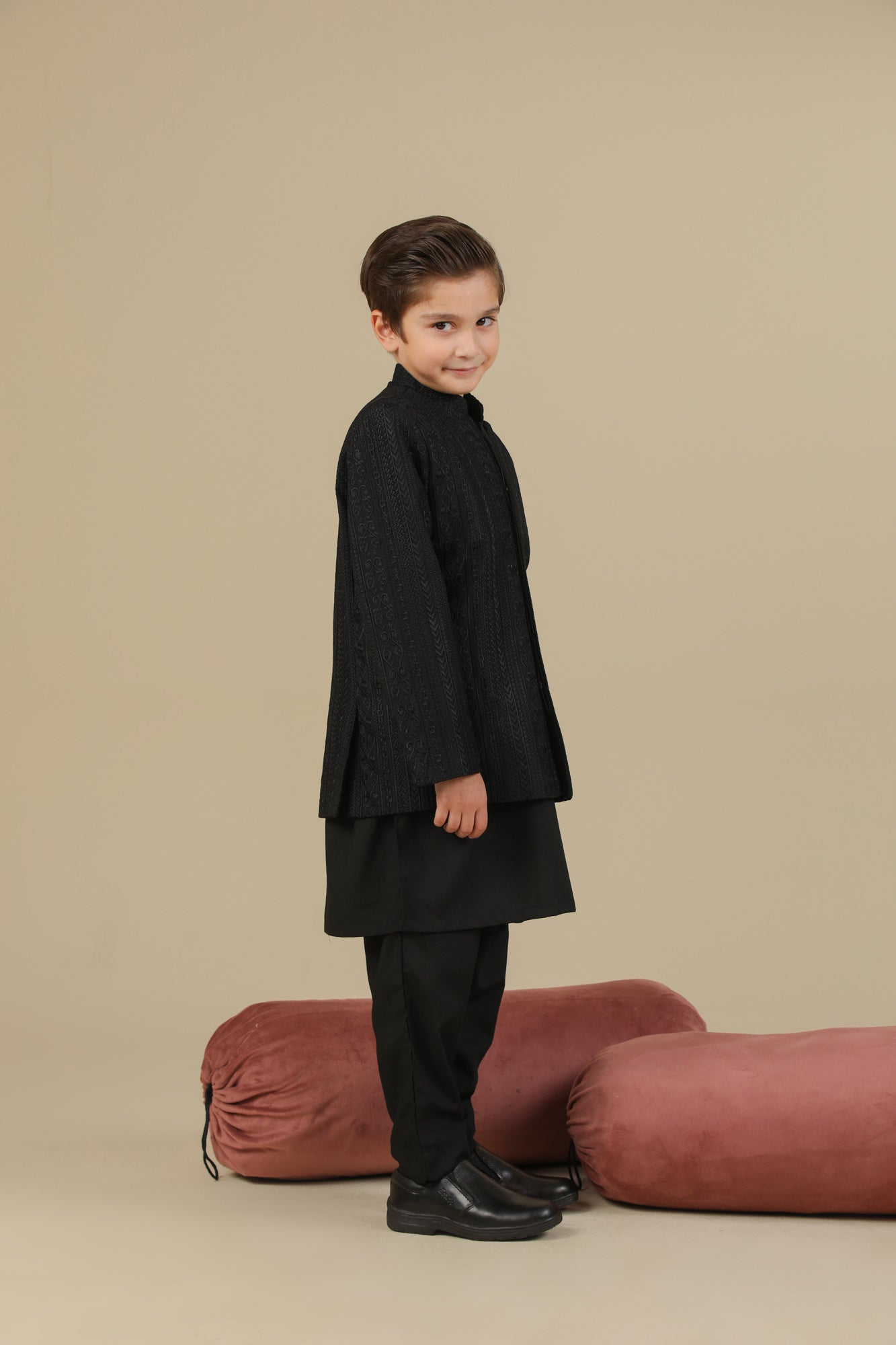 Black Kurta Trouser with Cross Stitched Embroidered Prince Coat - 3PC - Kids - Men