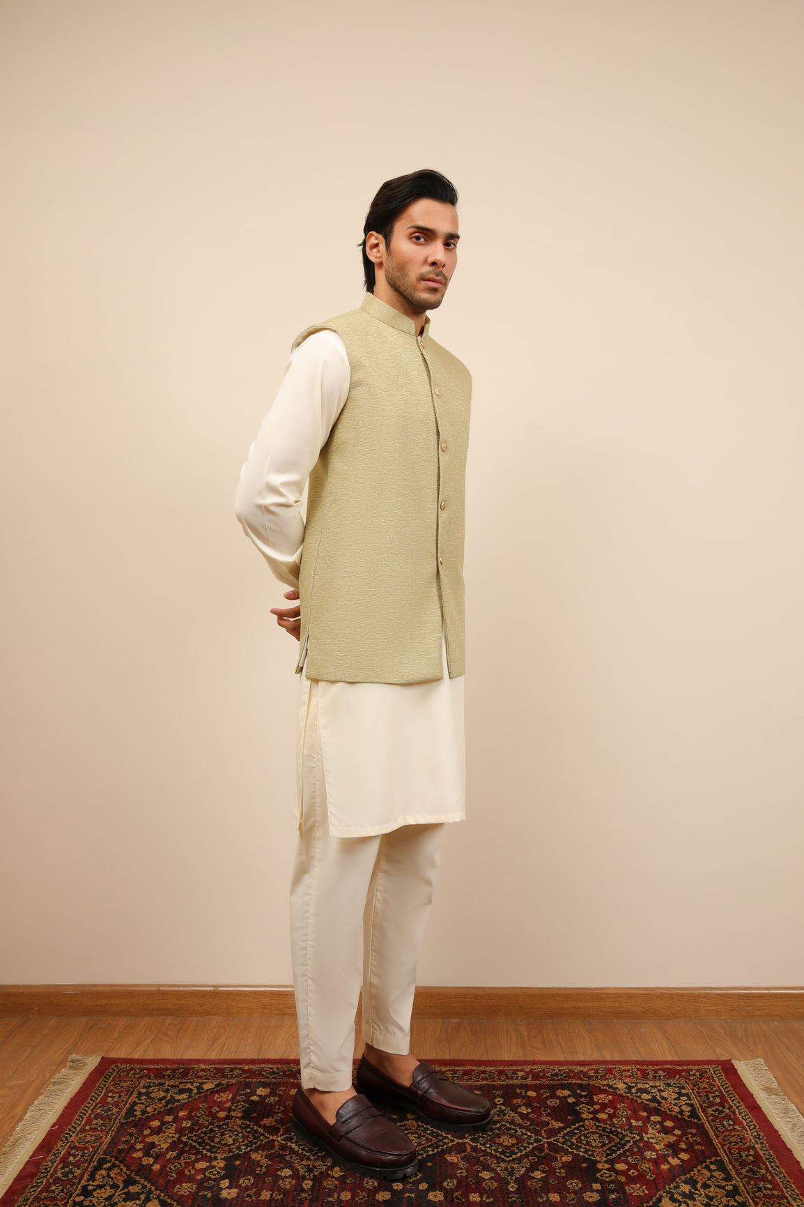 Mint Jamawar Textured Waistcoat - Men