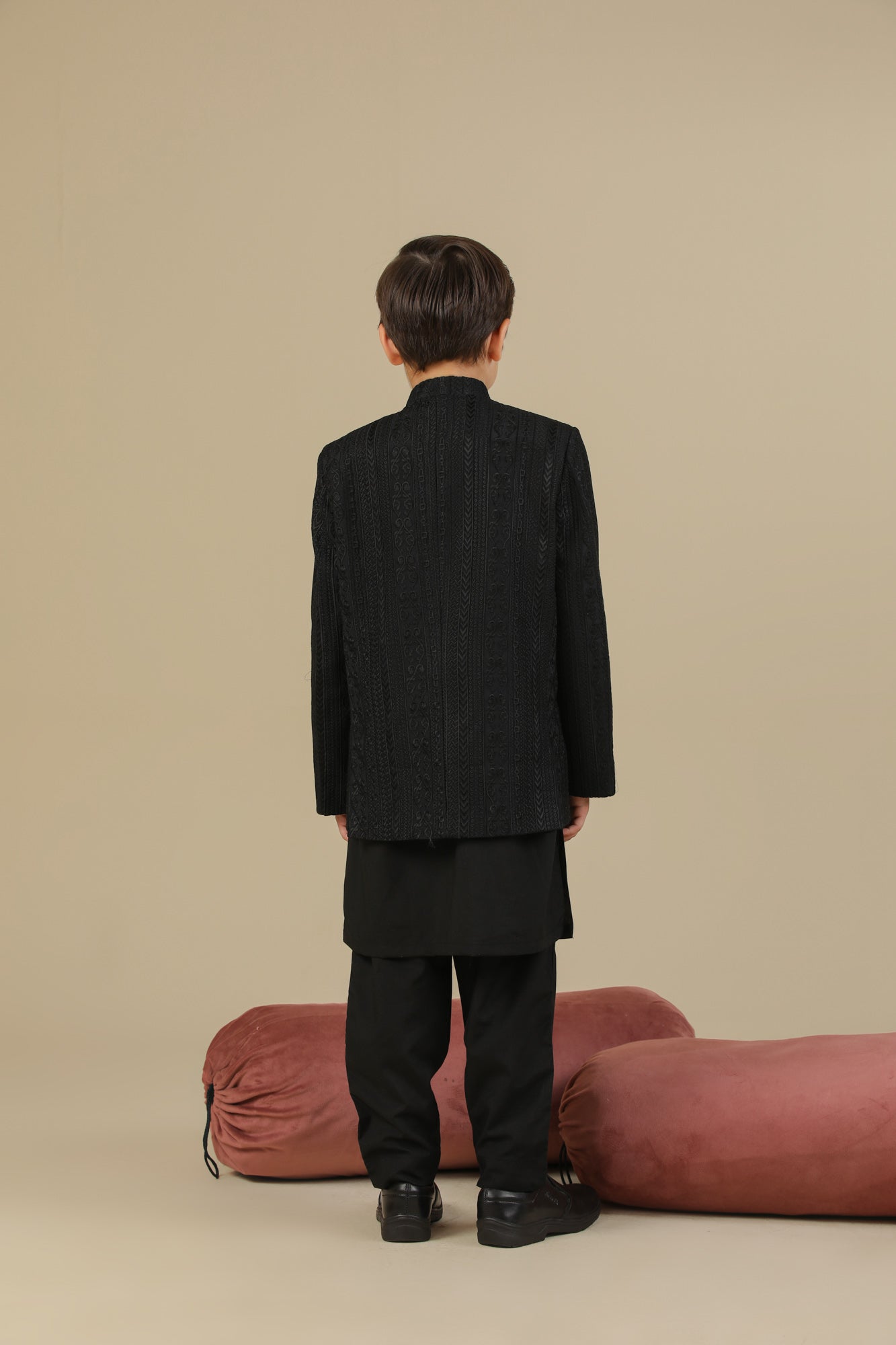 Black Cross Stitched Embroidered Prince Coat - Kids - Men