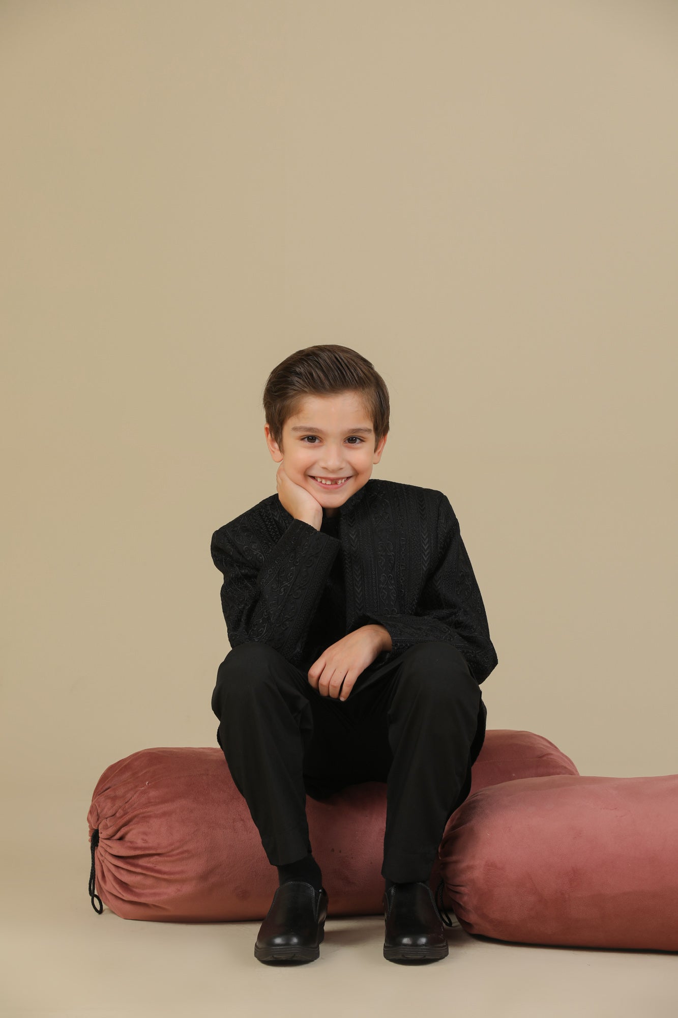 Black Cross Stitched Embroidered Prince Coat - Kids - Men