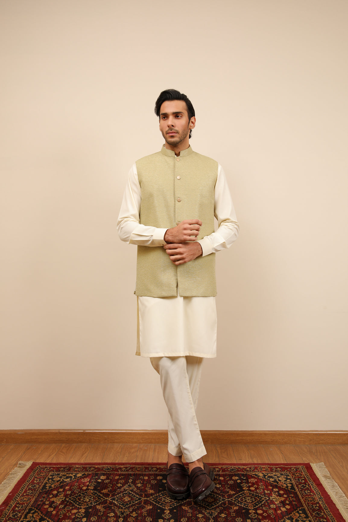 Mint Jamawar Textured Waistcoat - Men