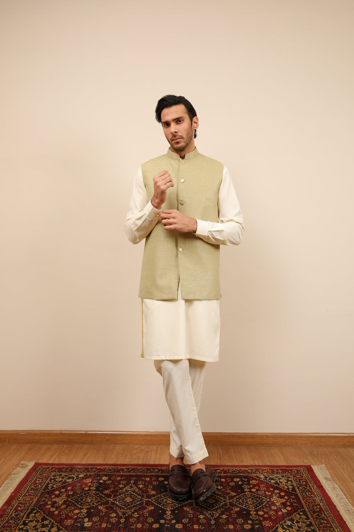 Mint Jamawar Textured Waistcoat - Men