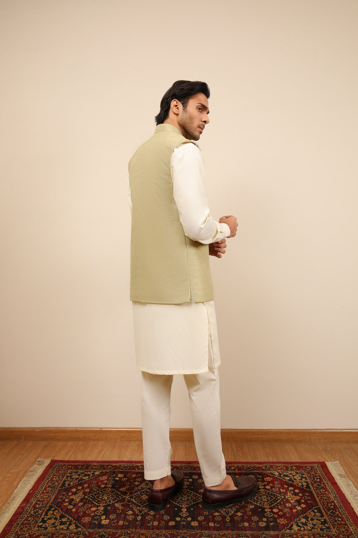 Mint Jamawar Textured Waistcoat - Men