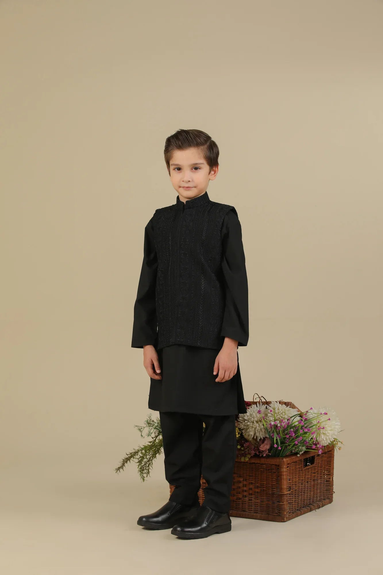 Black Kurta Trouser with Cross Stitched Embroidered Waistcoat - 3PC - Kids - Muraqsh -- Kidswear