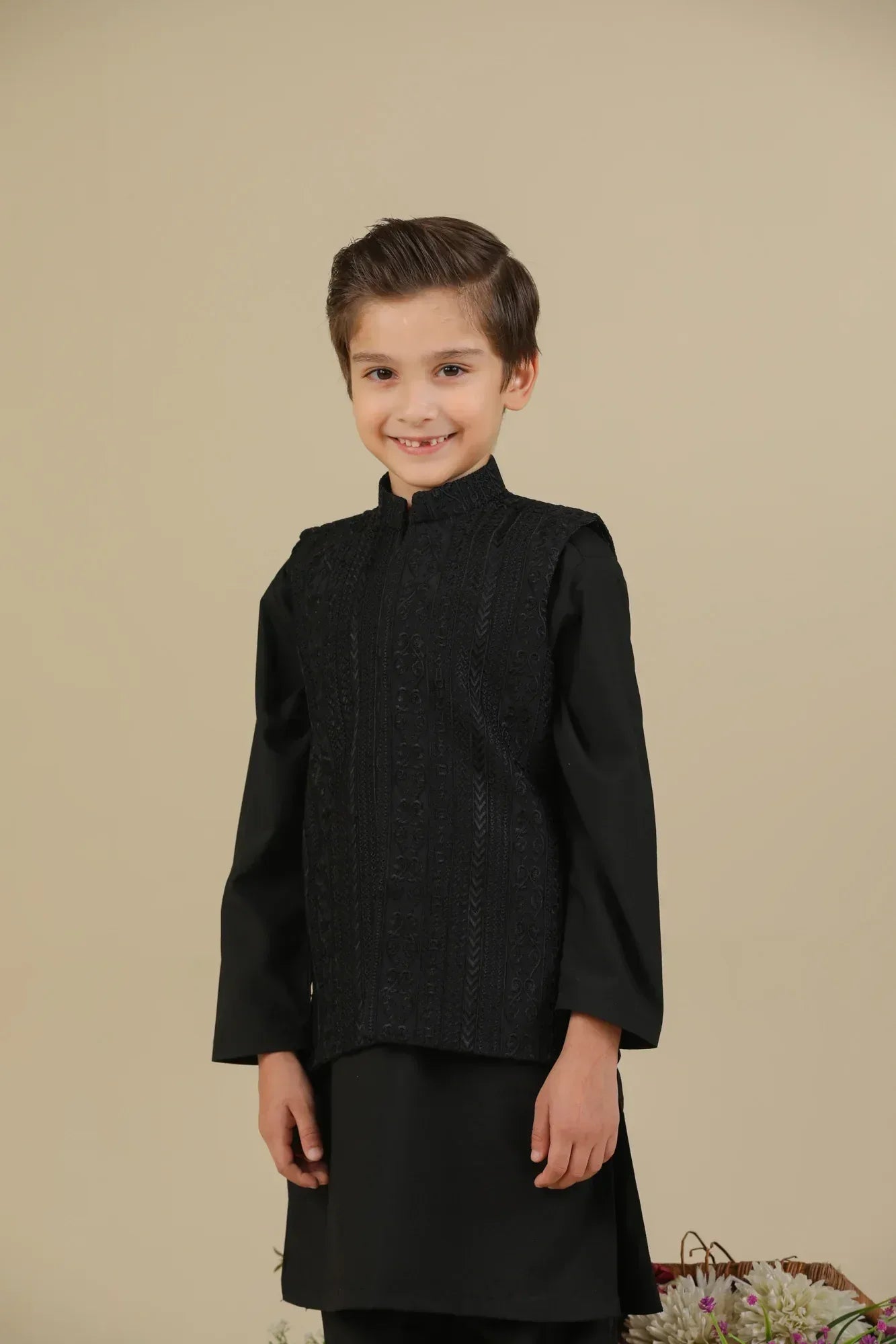 Black Cross Stitched Embroidered Waistcoat - Kids - Muraqsh -- Kidswear