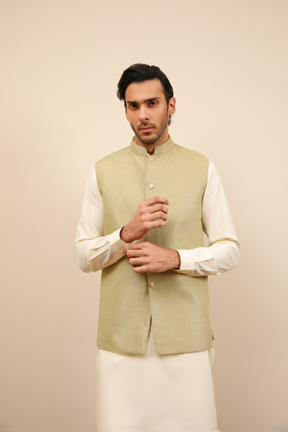 Mint Jamawar Textured Waistcoat - Men