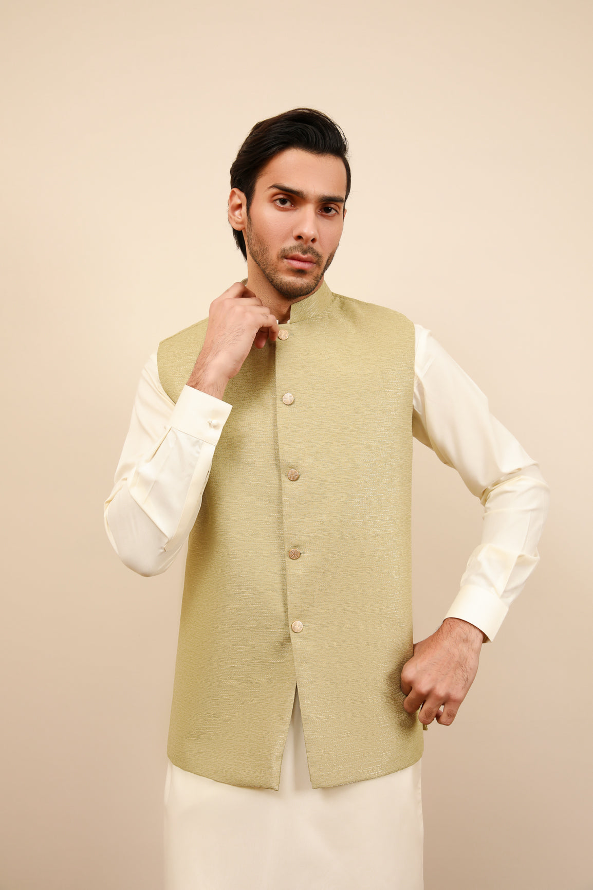 Mint Jamawar Textured Waistcoat - Men