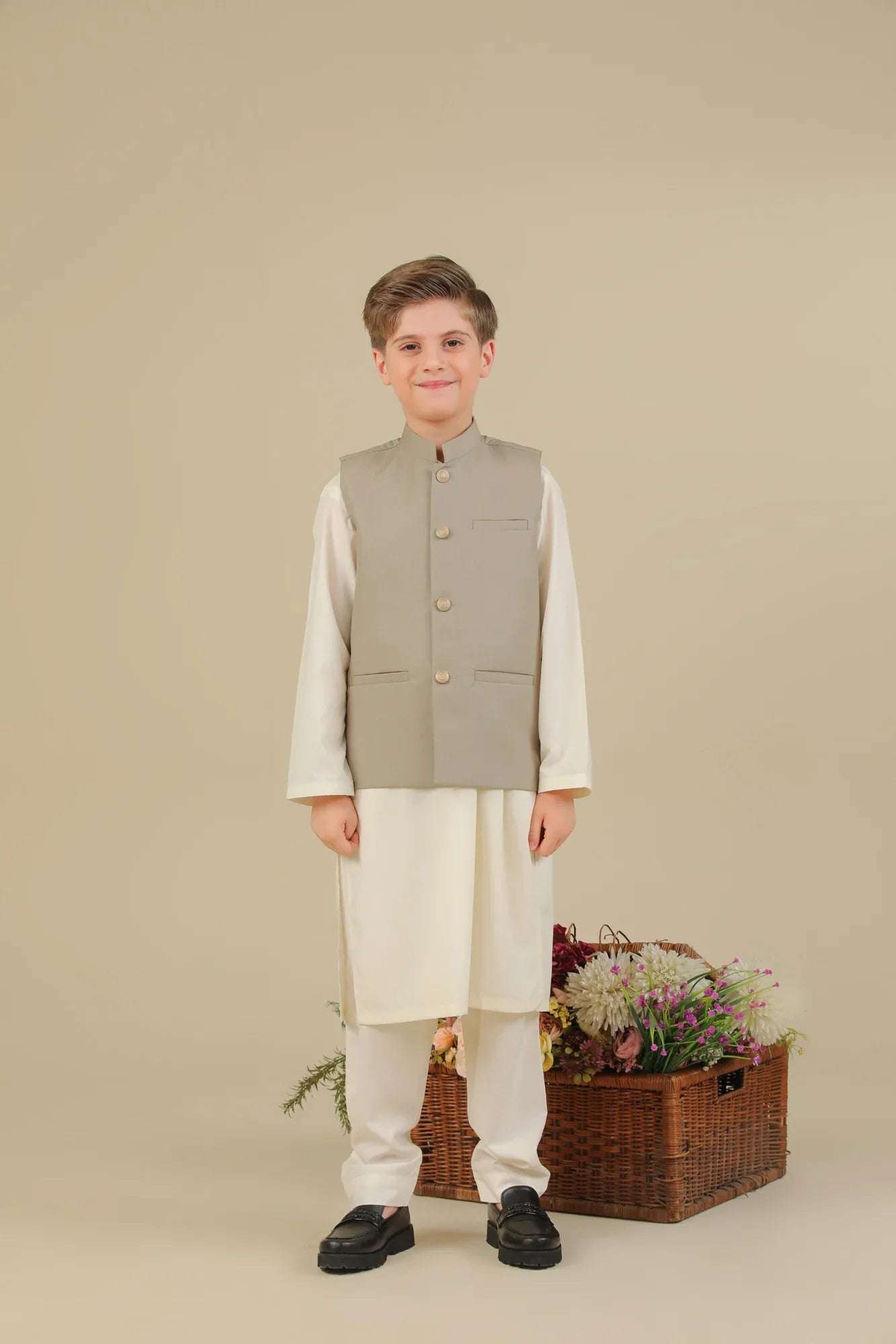 Bosky White Kurta Trouser with Beige Suiting Waistcoat - Straight Cut - Kids - Muraqsh -- Kidswear