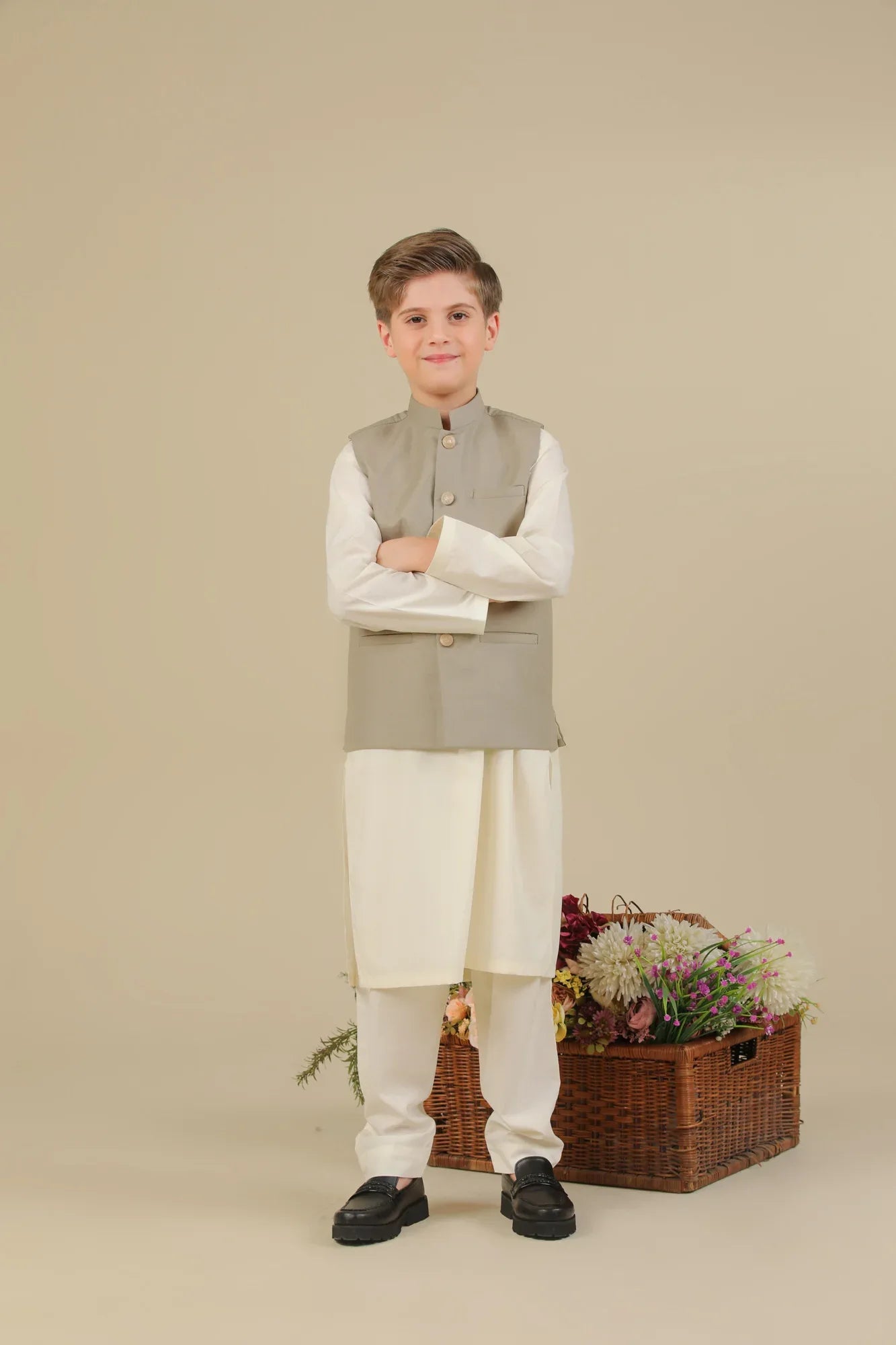 Bosky White Kurta Trouser with Beige Suiting Waistcoat - Straight Cut - Kids - Muraqsh -- Kidswear