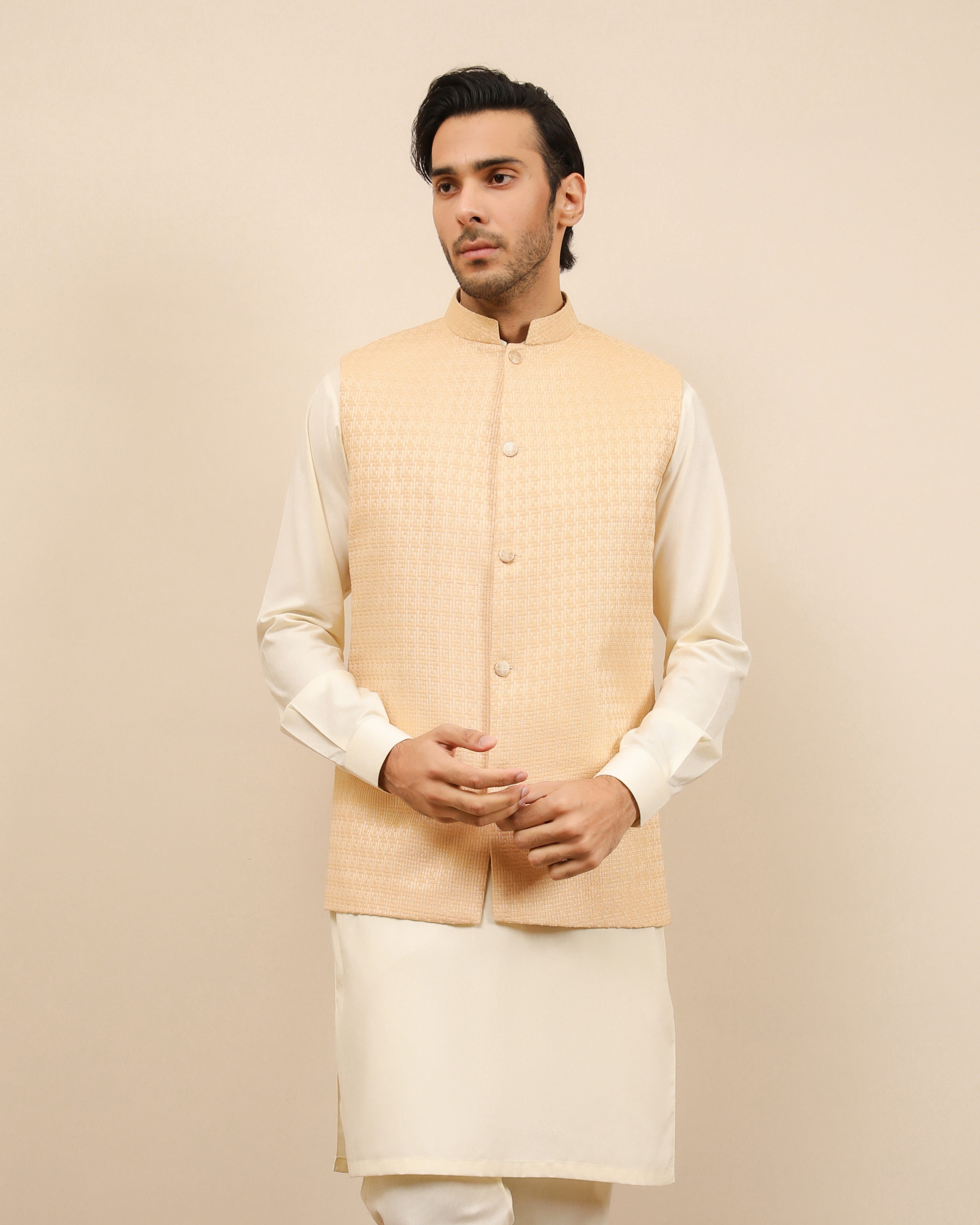 Ivory Jamawar Textured Waistcoat - Men