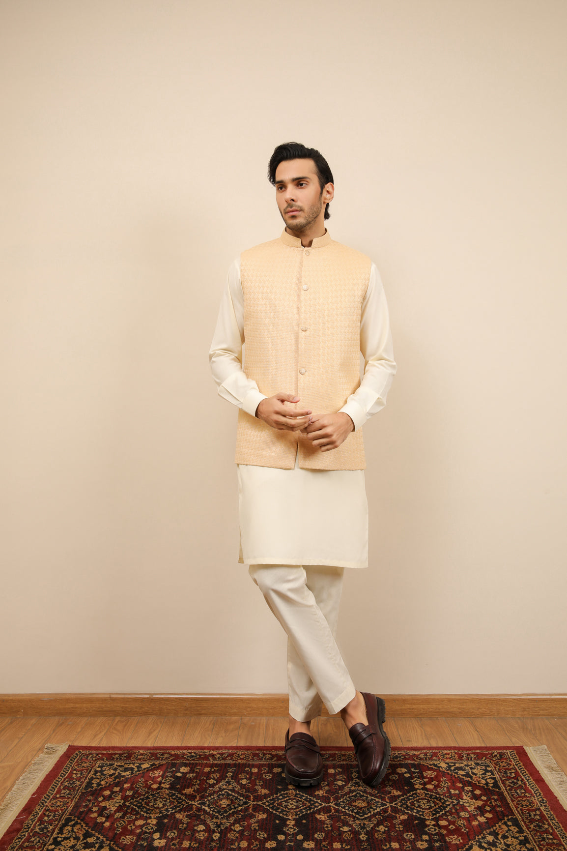 Bosky White Kurta Trouser with Skin Jamawar Waistcoat - 3PC - Men