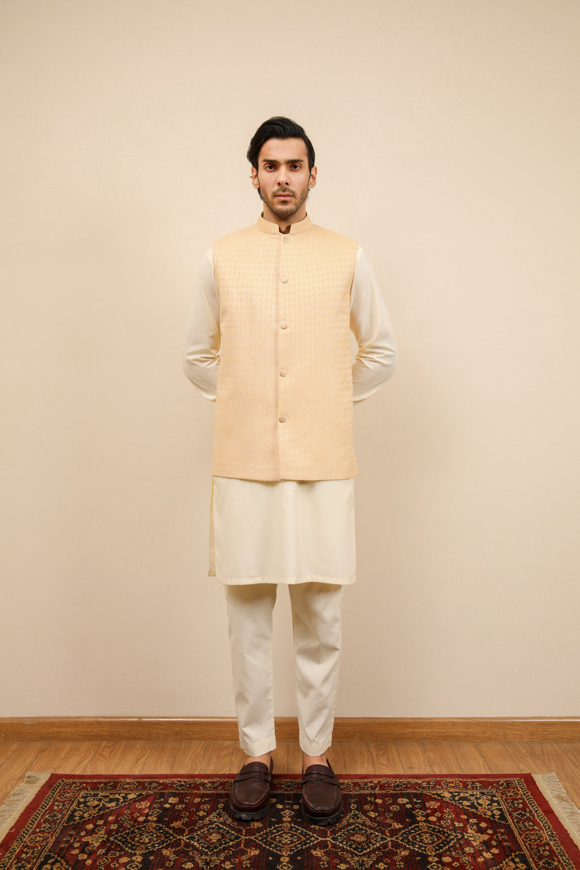 Bosky White Kurta Trouser with Skin Jamawar Waistcoat - 3PC - Men