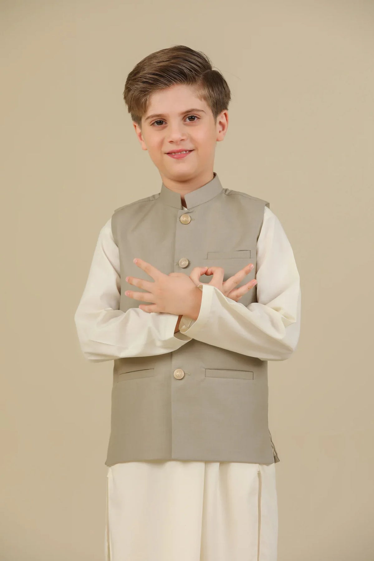 Bosky White Kurta Trouser with Beige Suiting Waistcoat - Straight Cut - Kids - Muraqsh -- Kidswear
