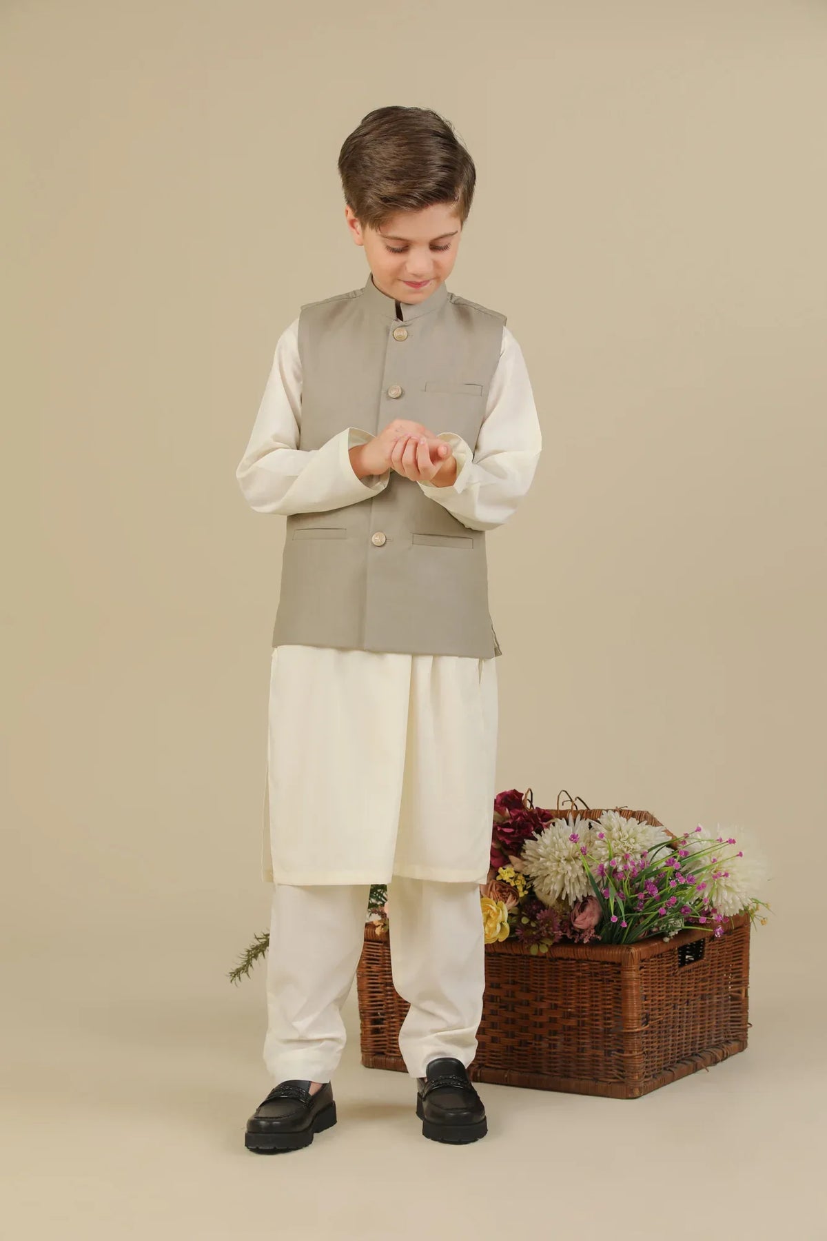 Bosky White Kurta Trouser with Beige Suiting Waistcoat - Straight Cut - Kids - Muraqsh -- Kidswear
