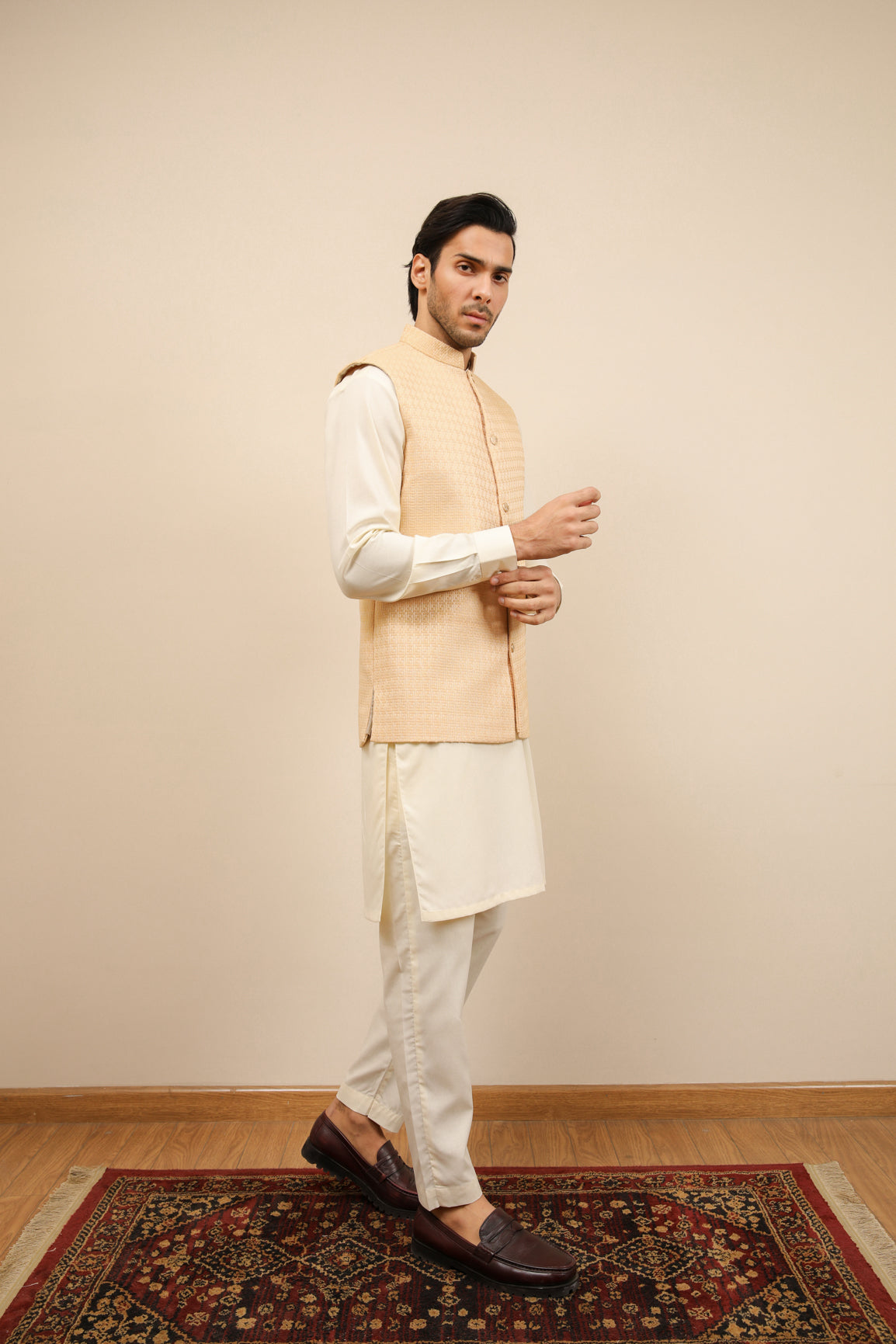 Bosky White Kurta Trouser with Skin Jamawar Waistcoat - 3PC - Men