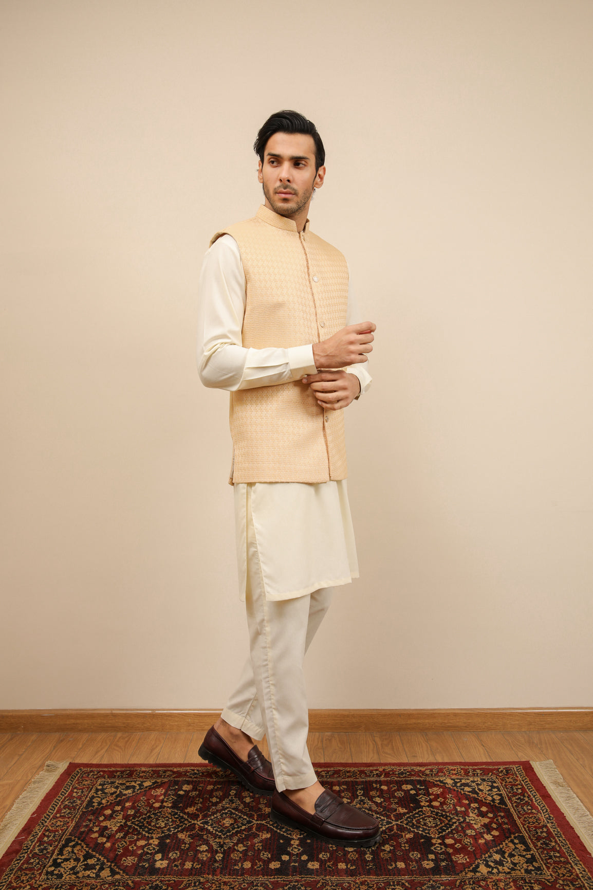 Bosky White Kurta Trouser with Skin Jamawar Waistcoat - 3PC - Men