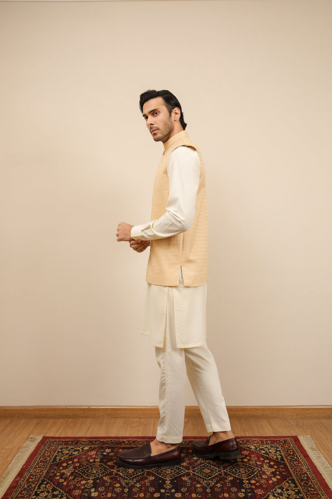 Bosky White Kurta Trouser with Skin Jamawar Waistcoat - 3PC - Men