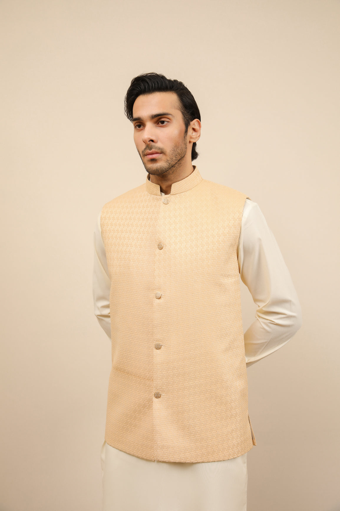 Bosky White Kurta Trouser with Skin Jamawar Waistcoat - 3PC - Men