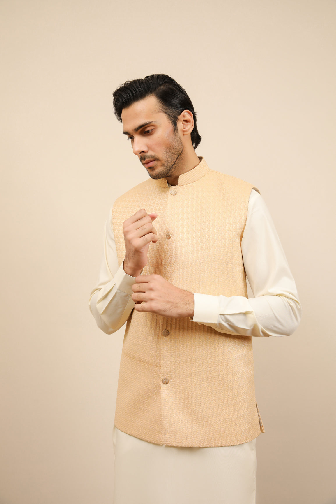 Bosky White Kurta Trouser with Skin Jamawar Waistcoat - 3PC - Men