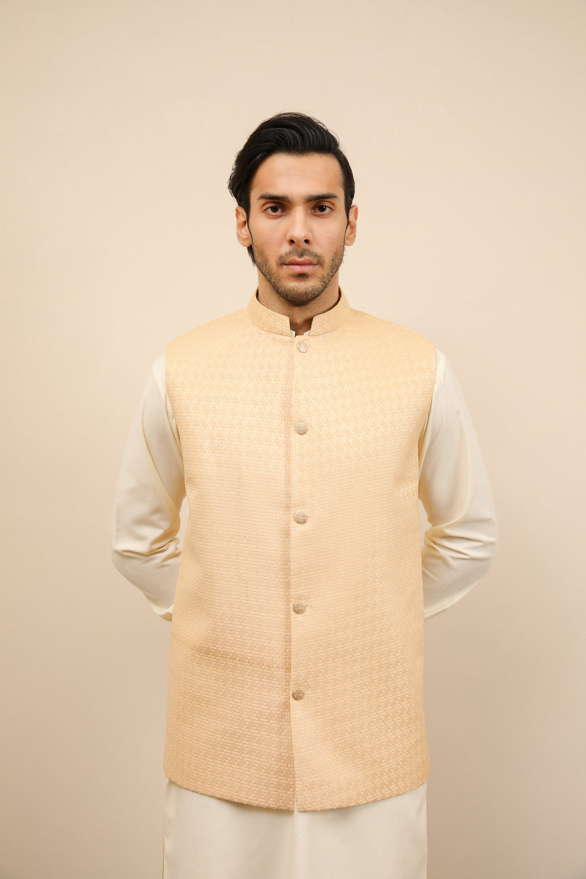 Bosky White Kurta Trouser with Skin Jamawar Waistcoat - 3PC - Men