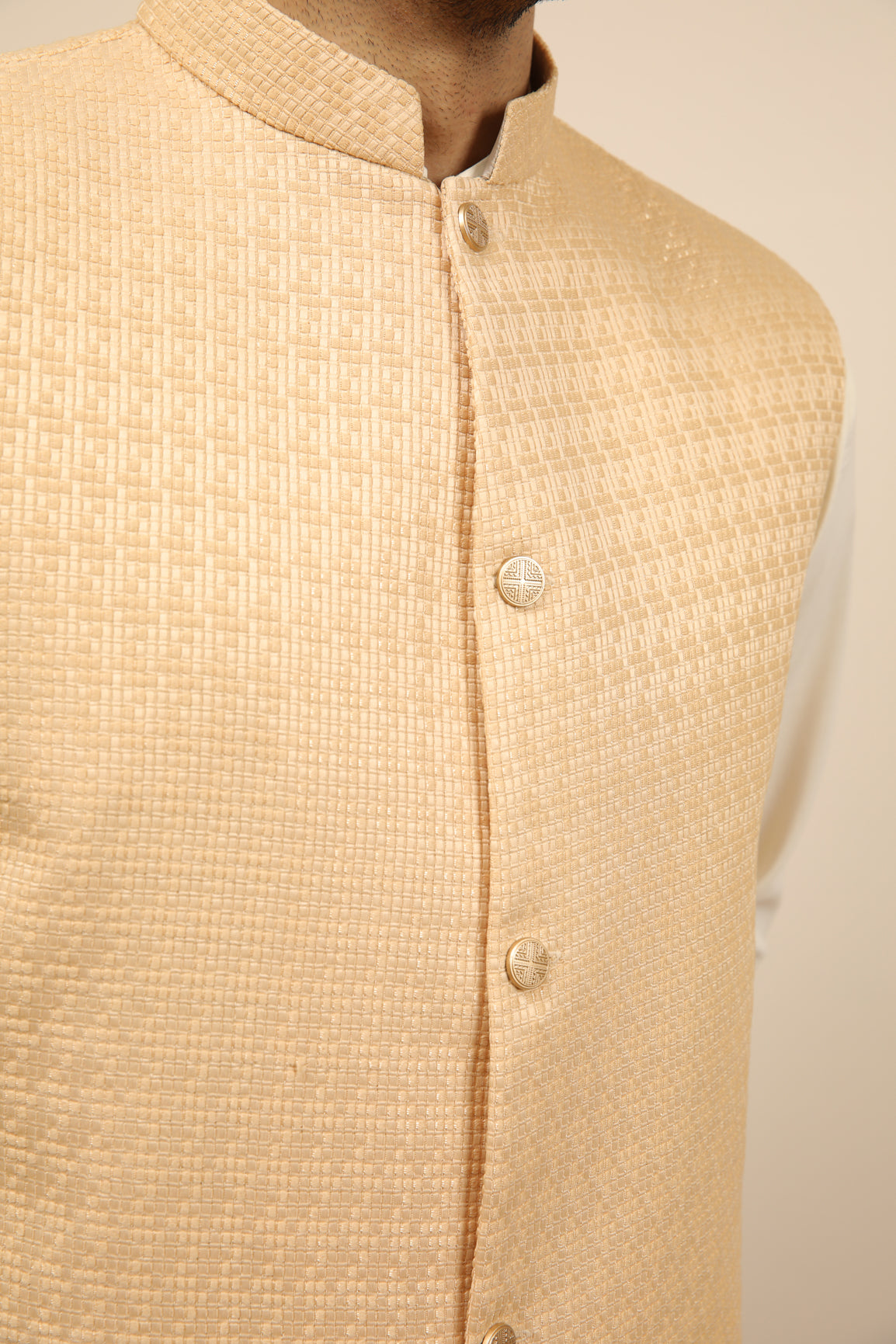 Skin Waffle Textured Jamawar Waistcoat - Men