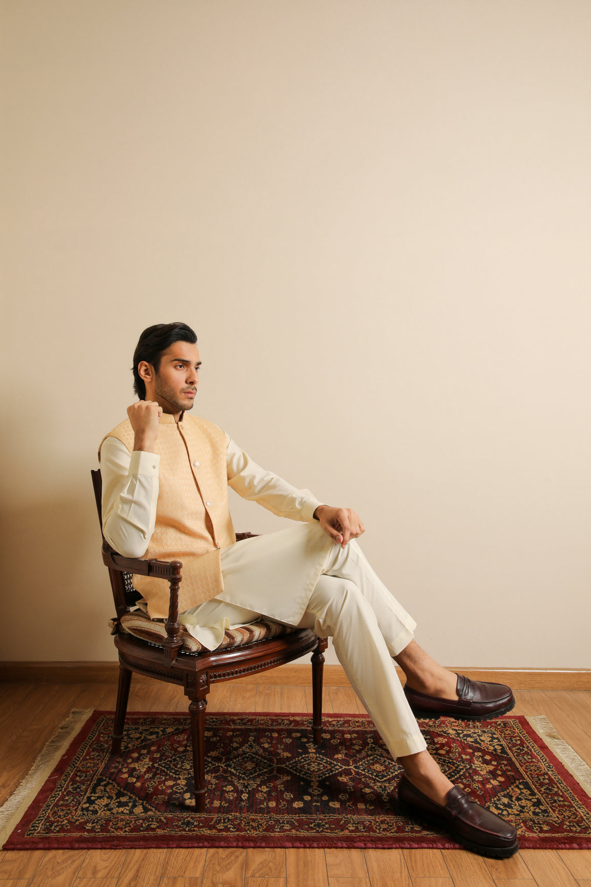 Bosky White Kurta Trouser with Skin Jamawar Waistcoat - 3PC - Men